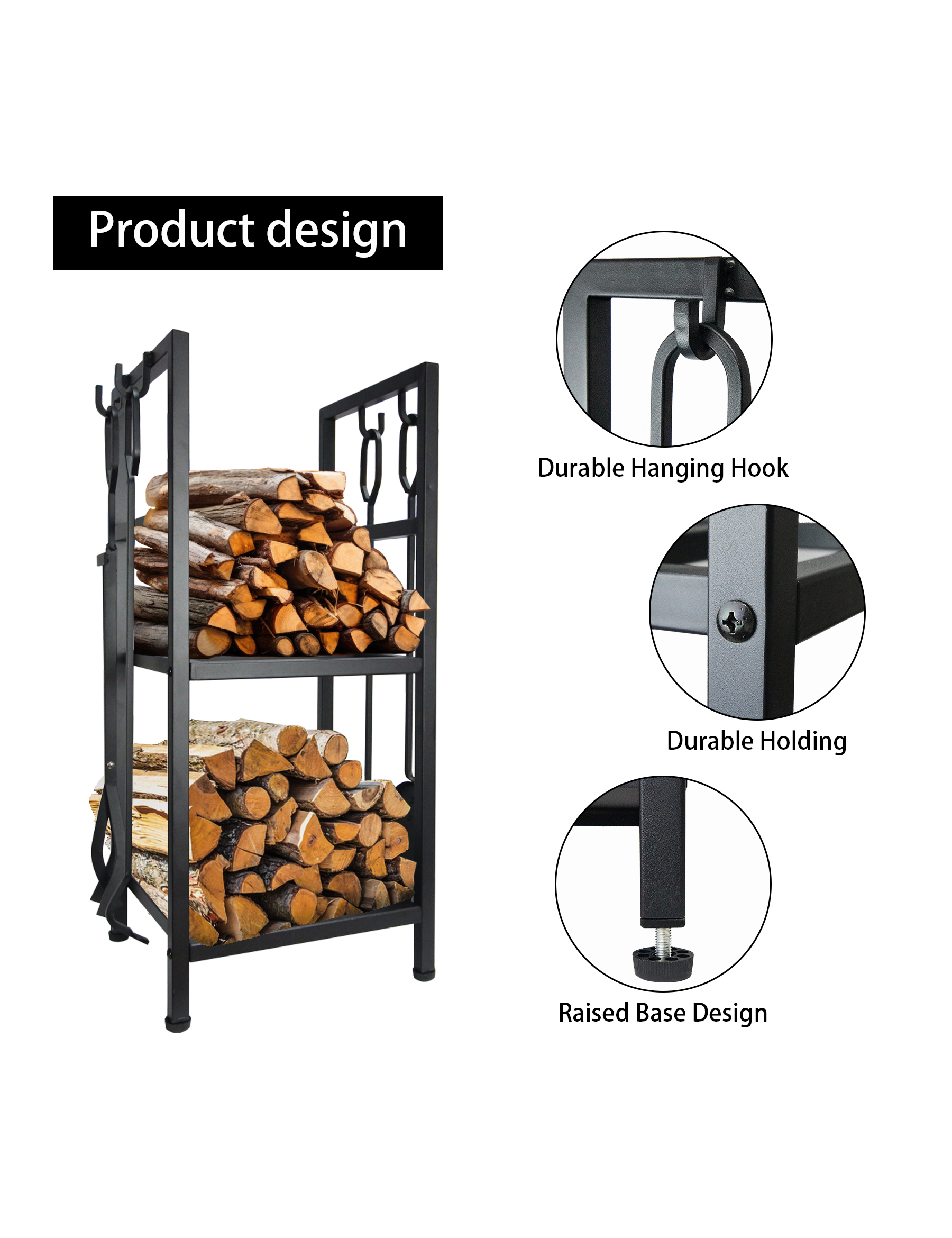 VODA Firewood Tools Rack - Heavy Duty Lumber Storage Organizer & Fire Pit Accessories Set for Outdoor Camping, Backyard, and Fireplace Use