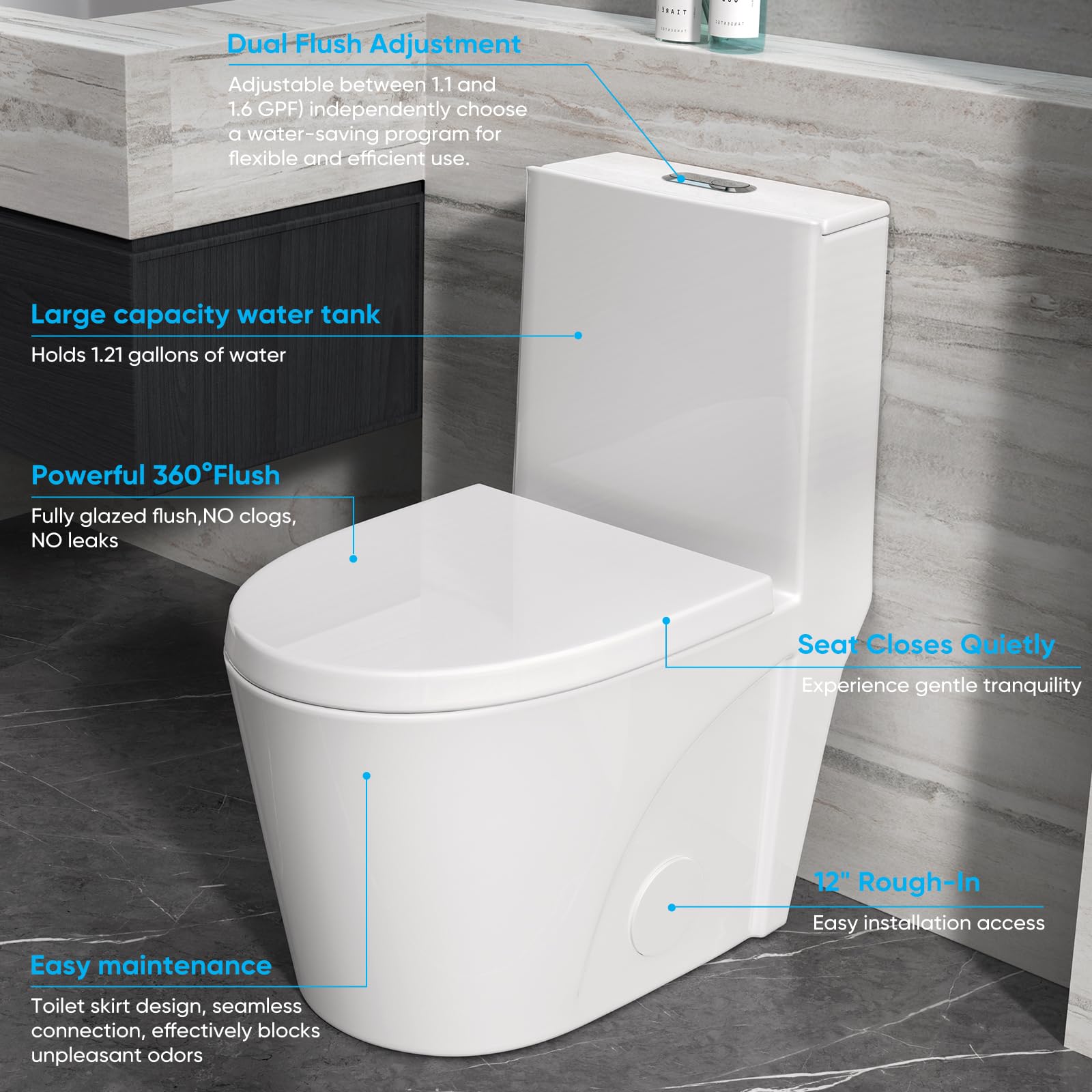 WIIS' IDEA One Piece Dual Flush Toilet - 1.6/1.0 GPF Water Saving, 15.5