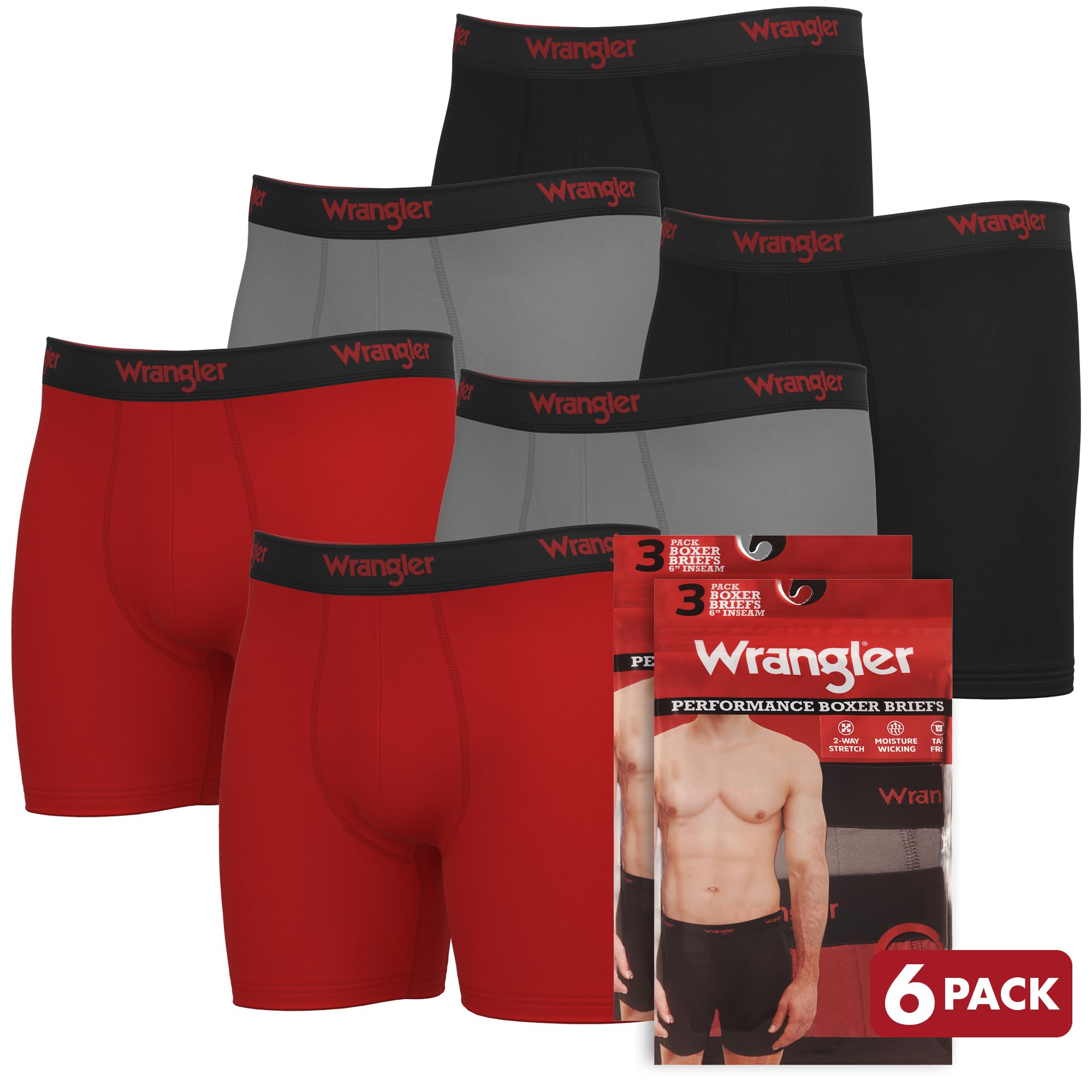 Wrangler 6 Pack Men's Boxer Briefs - Moisture Wicking Quick Dry Underwear for Men | Comfortable & Breathable for Workout, Travel & Everyday Wear