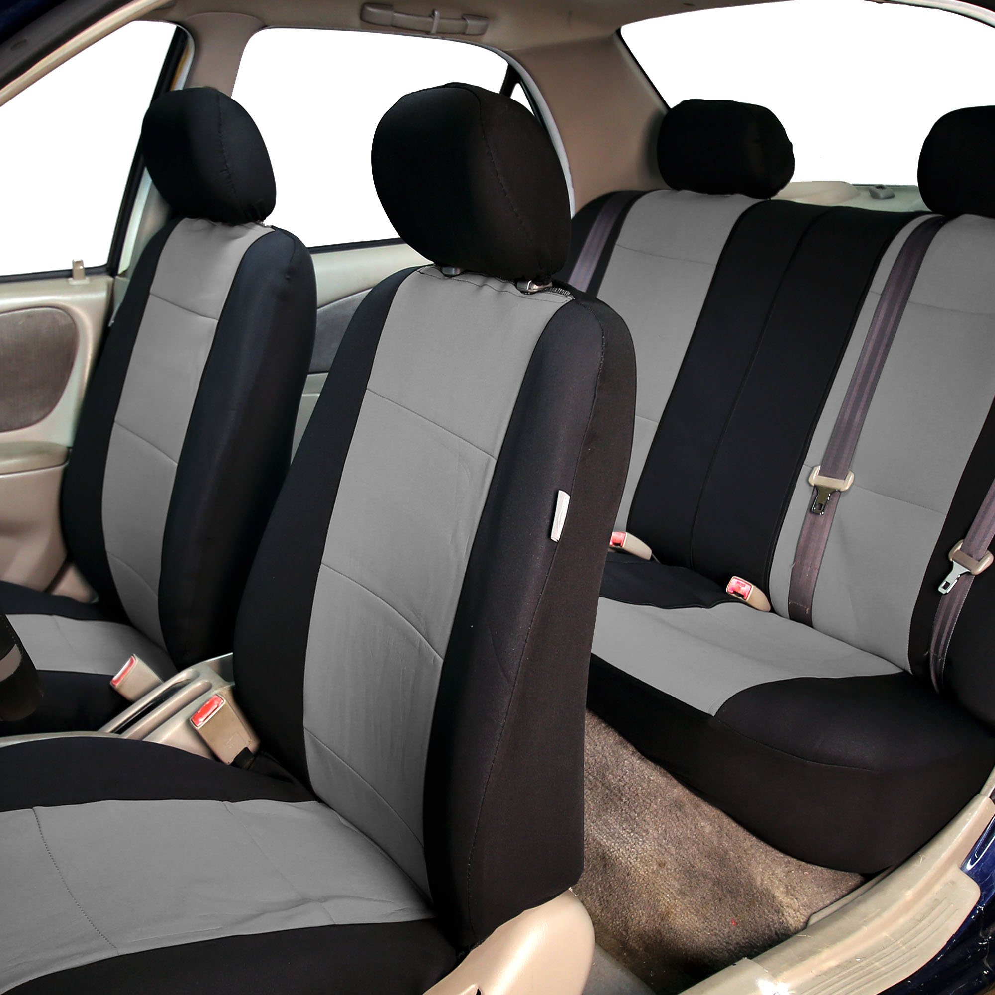 TLH Neoprene Gray Universal Car Seat Covers Full Set with Airbag Compatibility & Waterproof Protection - Includes Trimmable Monster Eye Floor Mats - Perfect for Cars, Trucks, SUVs - Ideal for Daily Commuting, Road Trips & Outdoor Adventures