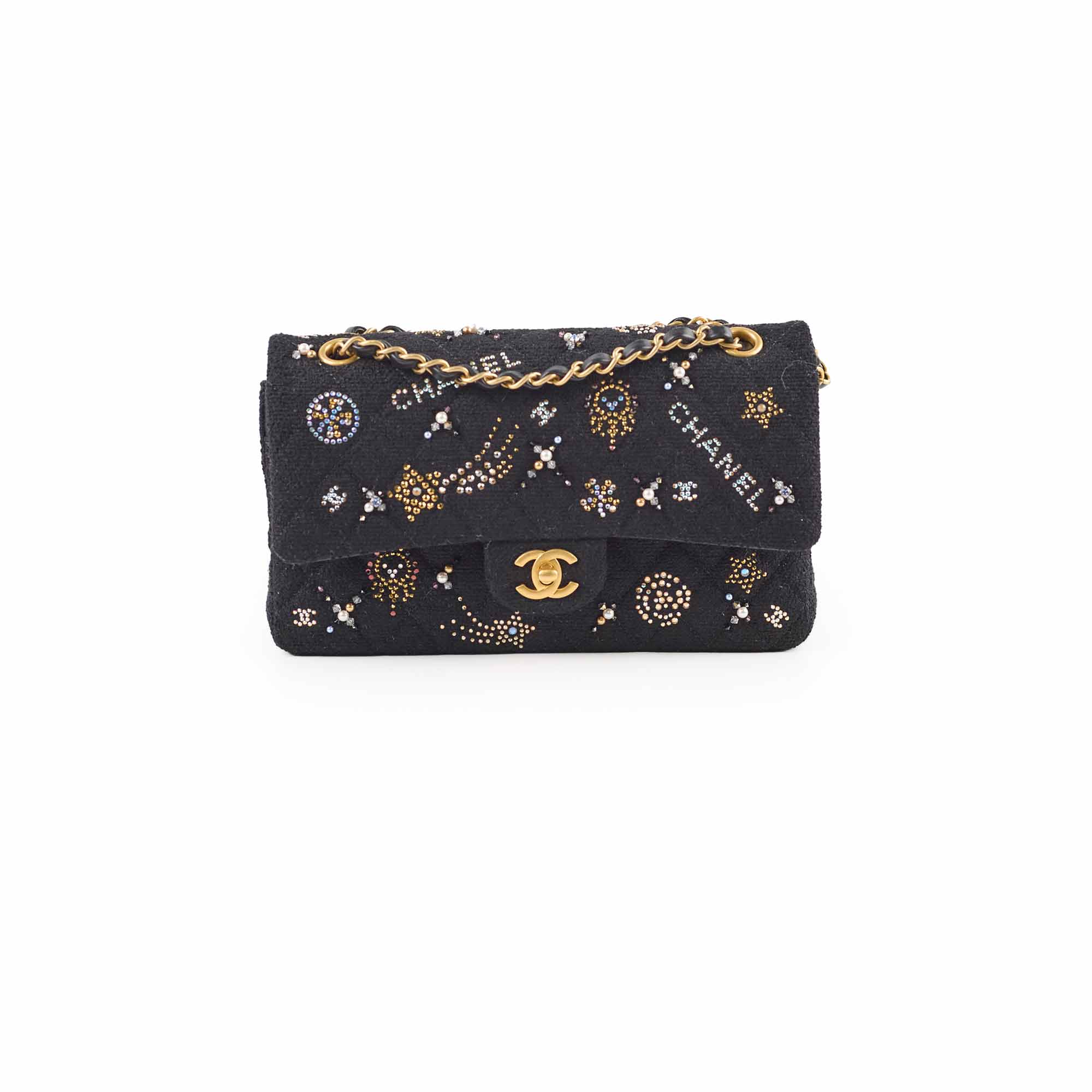 Chanel Medium Classic Crystal Embellished Flap Bag Black Microchip - Luxury Designer Handbag for Women, Evening Parties & Special Occasions