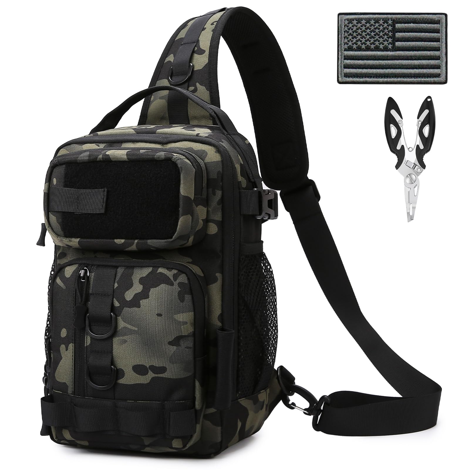 **Tactical Fishing Backpack Sling – Lightweight Shoulder Tackle Bag for Fishing Gear Storage with US Flag Patch & Fishing Pliers – Gray Camo (1 Pack) – Perfect for Outdoor Fishing, Camping & Hiking**