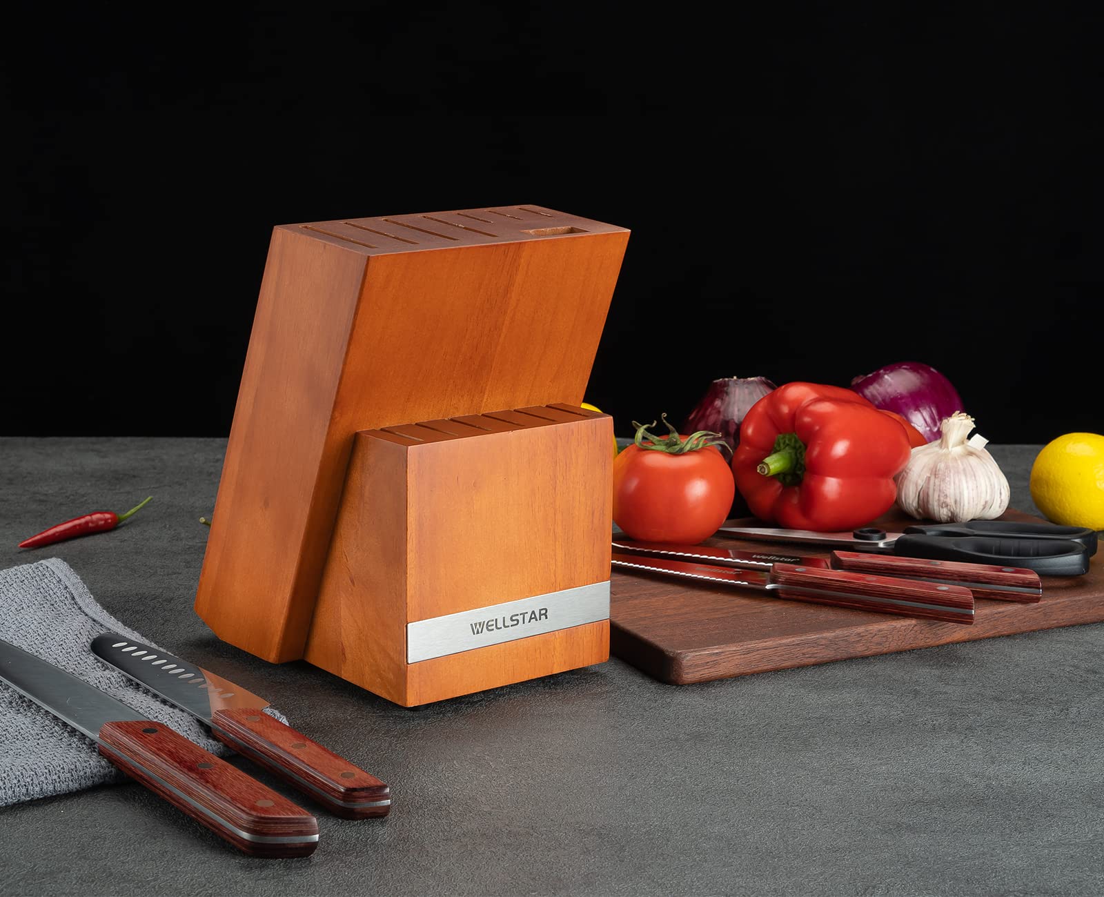 WELLSTAR 14-Slot Natural Wood Knife Block Holder - Hardwood Countertop Knife Storage Organizer (Brown) - Perfect for Kitchen Countertops, Chef's Knives & Cutlery Organization