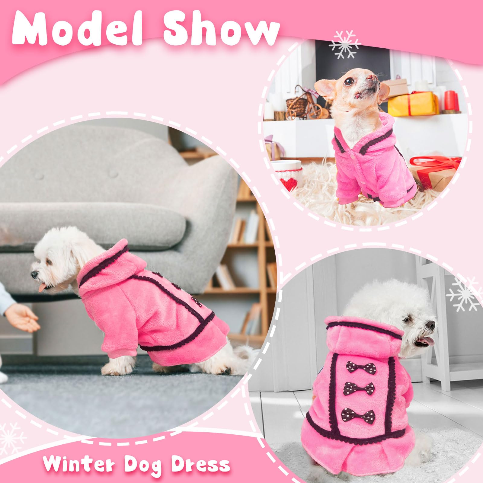 Warm Fleece Dog Sweater for Small Dogs - Cute Pink Puppy Hoodie with Bowtie & Leash Hole | Winter Chihuahua Clothes for Cold Weather (X-Small) | Perfect for Outdoor Walks & Indoor Cozy Time
