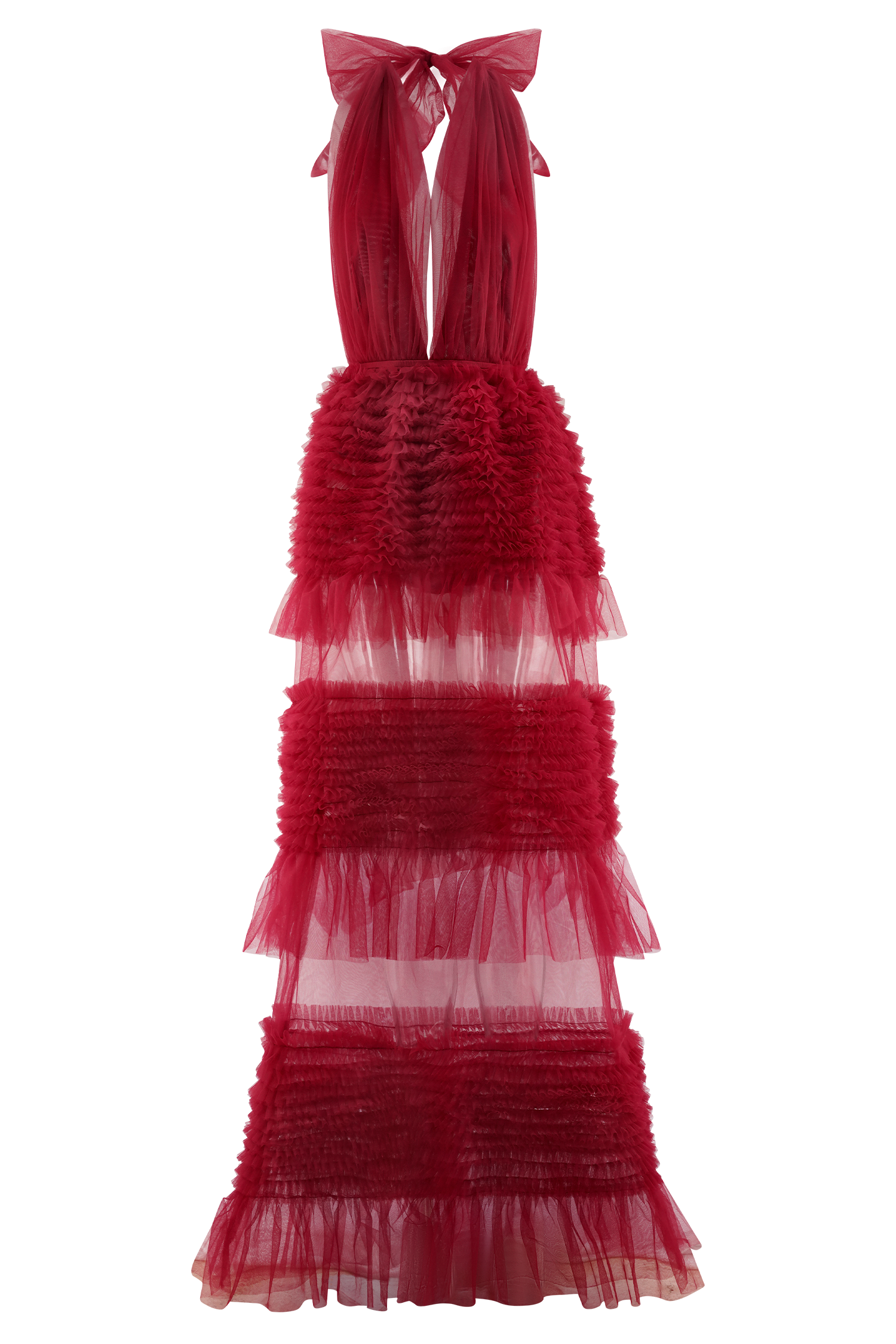 Minka Mesh Ruffle Halter Maxi Dress for Women - Flowy Summer Beach Dress, Red Boho Chic Long Dress for Vacations, Parties & Date Nights