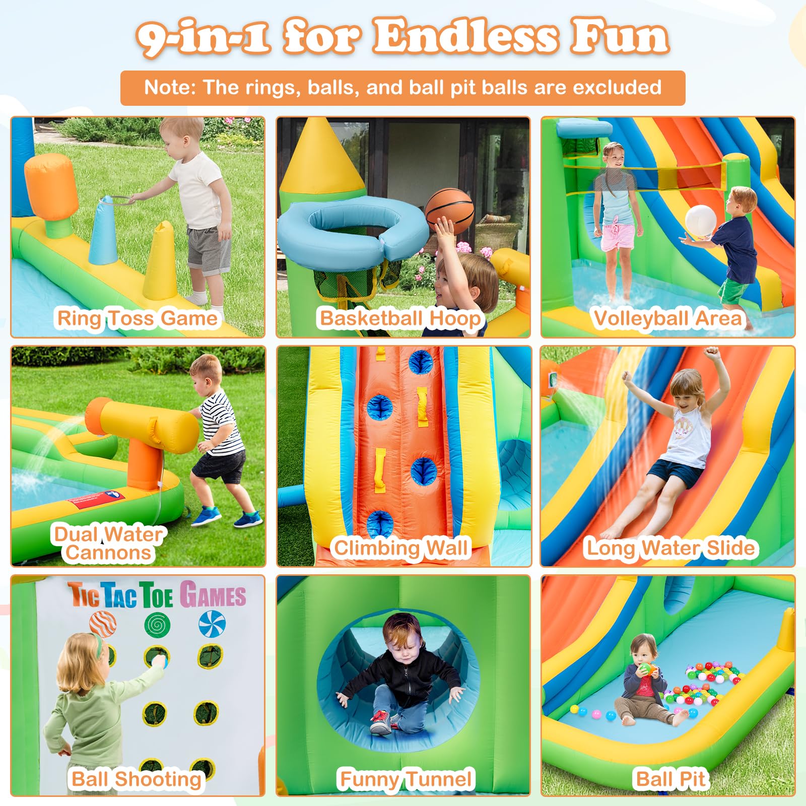 BOUNTECH 12.5x15.5FT Inflatable Water Slide Park with Splash Pool - Kids Outdoor Water Slide with Tic Tac Toe, Hide & Seek Cave - Blow Up Water Slides for Backyard Parties, Summer Fun & Birthday Gifts - Perfect for Kids Outdoor Play, Family Gatherings & Summer Water Activities