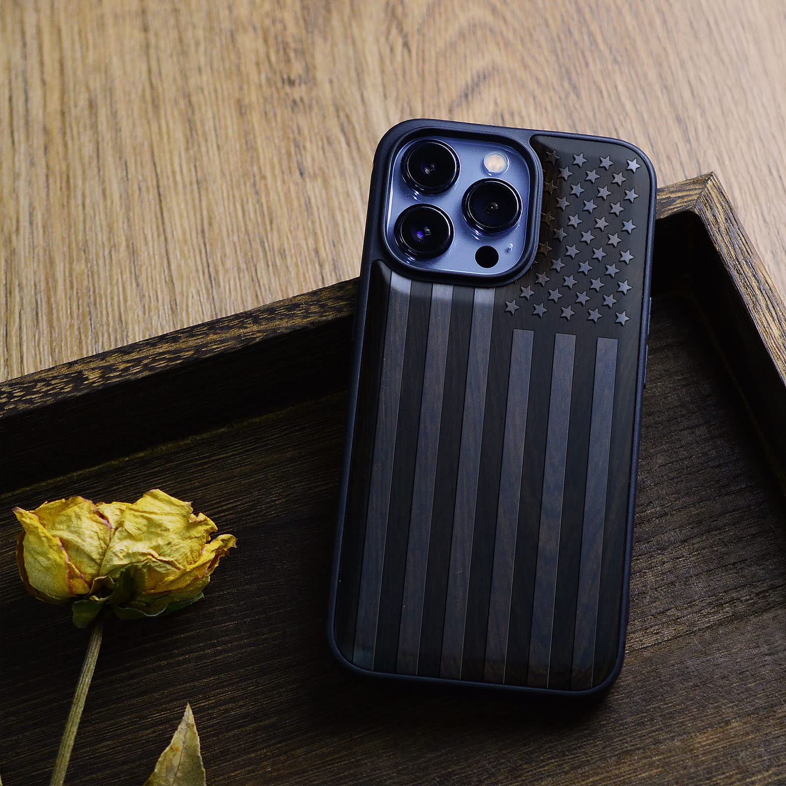 Carveit Magnetic Wood Case for iPhone 13 Pro - Hard Real Wood & Soft TPU Hybrid Protective Cover - Shockproof, Slim & Stylish - MagSafe Compatible - American Flag Blackwood Design - Perfect for Outdoor, Office & Everyday Use