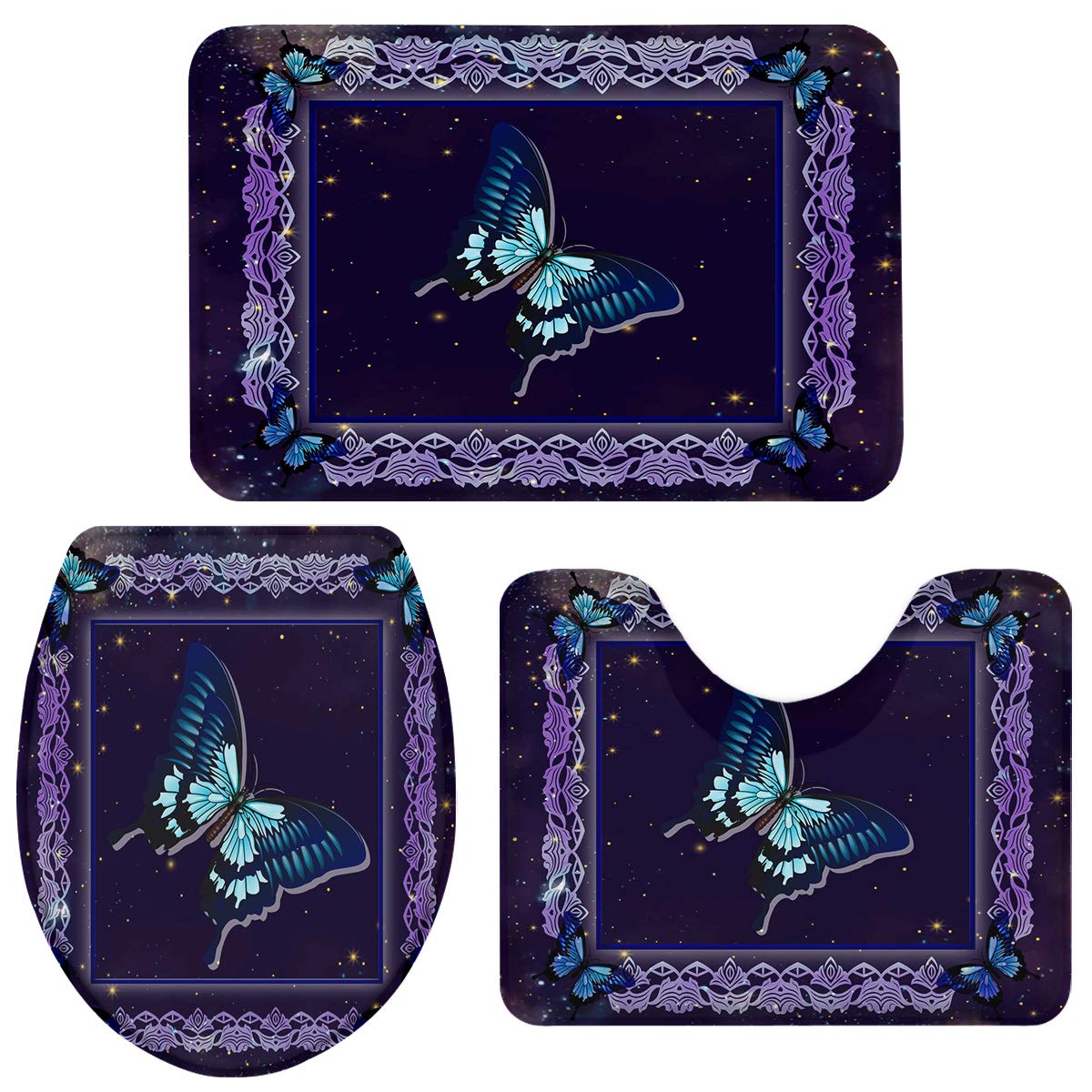 3-Piece Bath Rug Set - Non-Slip Butterfly Starry Sky Purple Bathroom Mat, Toilet Lid Cover & U-Shape Contour Mat with Rubber Backing for Safety | Perfect for Master Bath, Guest Bath & Kids' Bathroom Decor