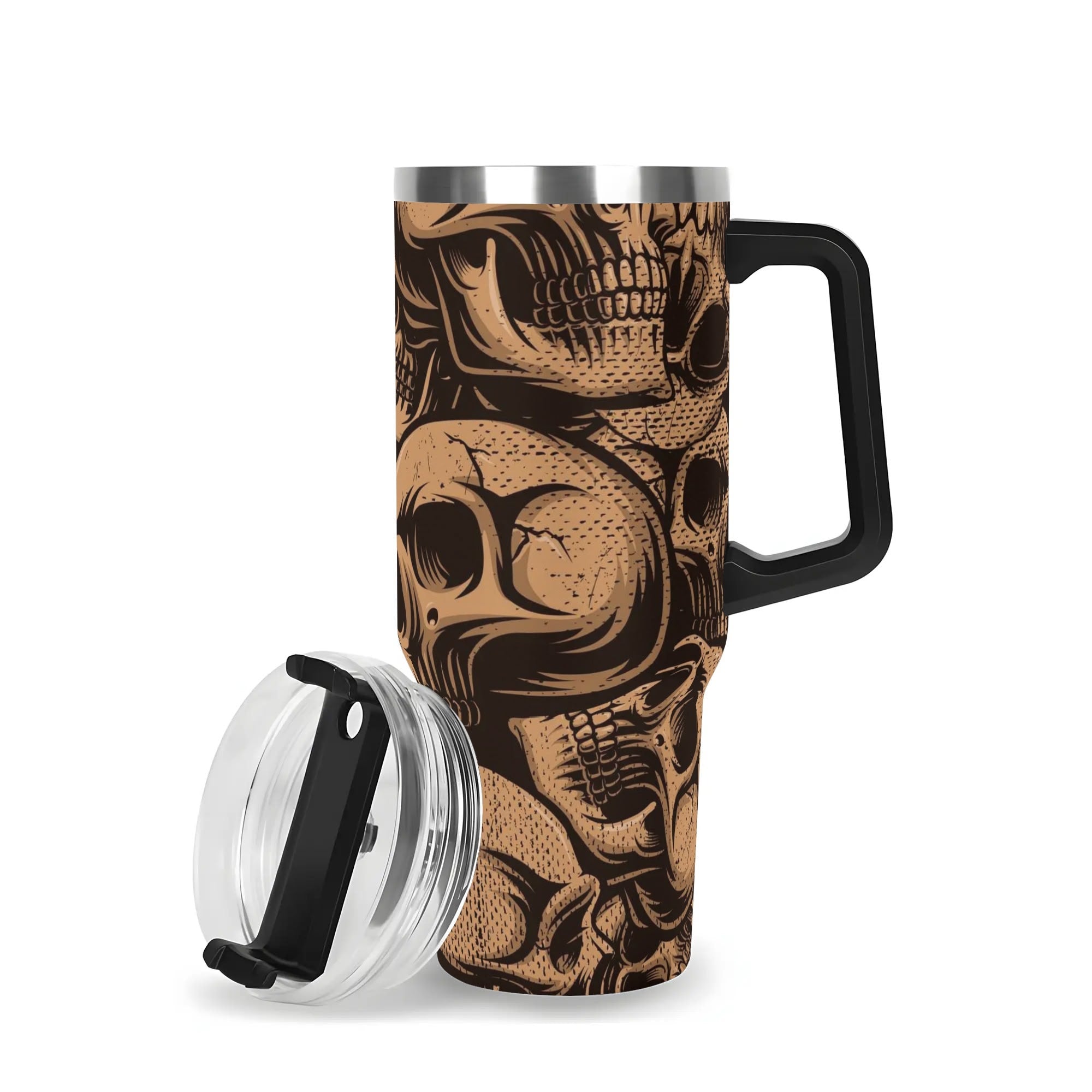 40 oz Bronze Skulls Tumbler with Handle - Insulated Stainless Steel Cup for Coffee, Tea & Cold Drinks - Perfect for Camping, Travel & Outdoor Adventures
