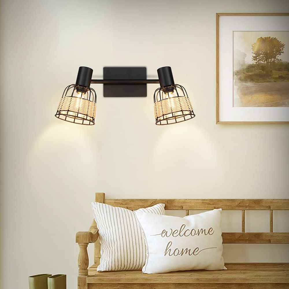 Depuley 2-Way Spotlight Ceiling Light with Adjustable Swivel Heads - Hollow Design Iron Rattan Lampshade - Modern Spot Lighting for Kitchen, Living Room, Bedroom - Black - Perfect for Ambient and Task Lighting in Home Decor