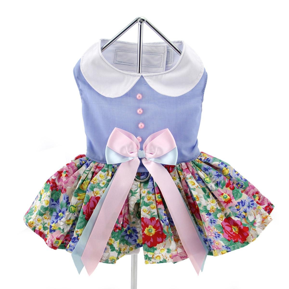 DOGGIE DESIGN Powder Blue & Pearls Floral Dog Harness Dress - Elegant Pet Outfit for Small Dogs, Puppy Fashion Accessories, Perfect for Parties, Weddings & Photo Shoots