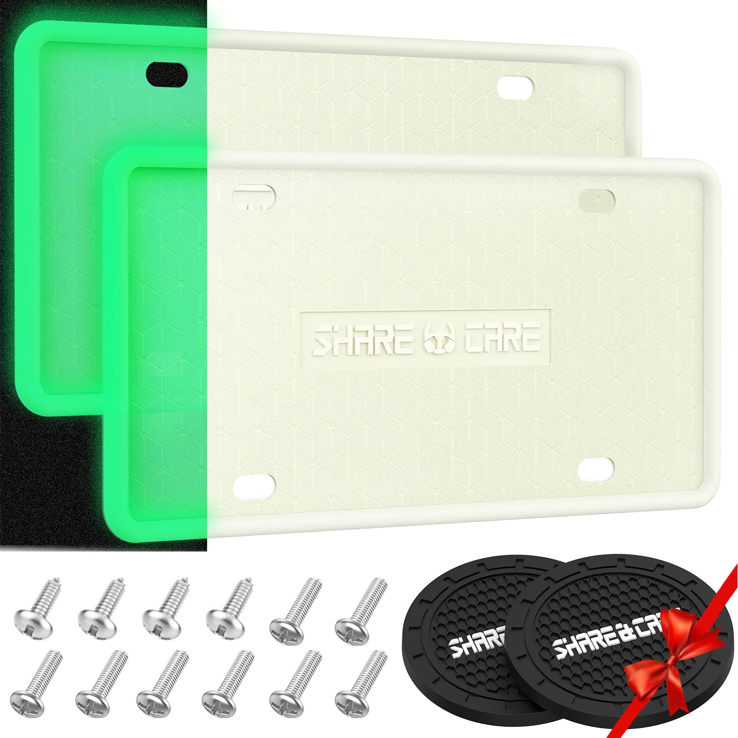 2 Pack Silicone License Plate Frame - Front & Back Rustproof Cover Holder for US/CA Cars - Anti-Rattle, Weatherproof - Includes 2 Bonus Water Coasters (White/Grow) - Perfect for Car Enthusiasts & Outdoor Protection