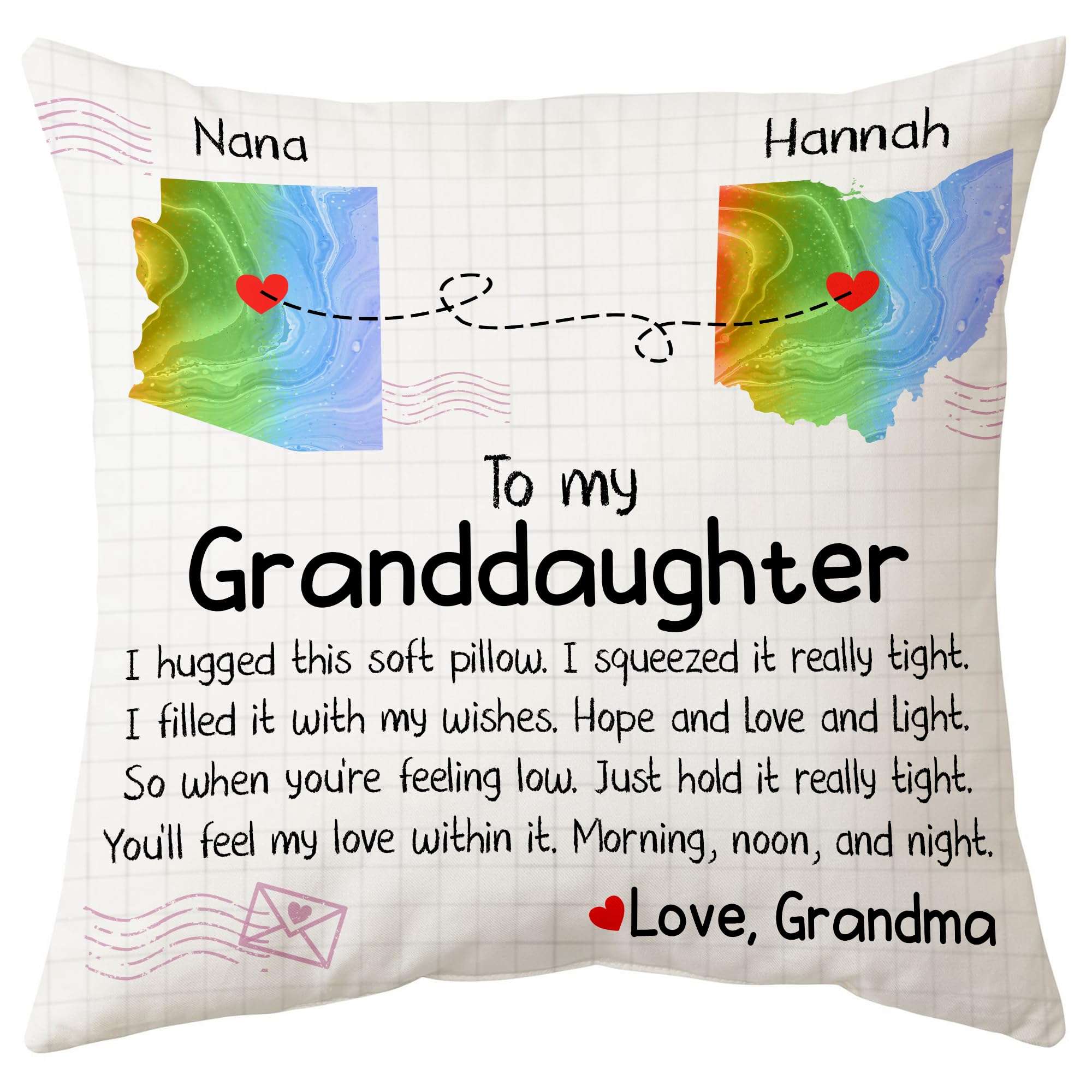 Personalized Granddaughter Pillow with Custom Name Insert - Unique Gift from Grandma for Birthday, Christmas - State to State Home Decor Throw Pillow for Sofa, Couch, Bedroom (Perfect for Nursery, Dorm Room & Family Room Decor)