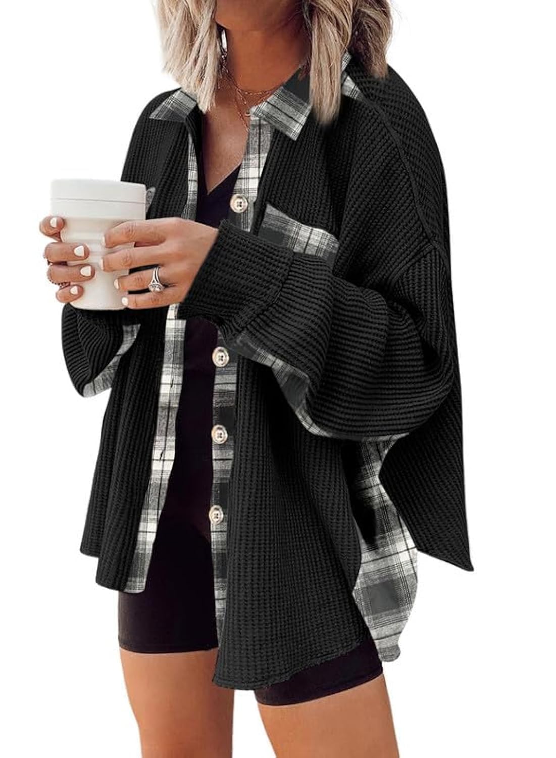 SHEWIN Women's Waffle Knit Plaid Shacket - Oversized Boyfriend Button Down Shirt Jacket with Long Sleeves | Casual Fall & Winter Layering Top for Outfits, Streetwear & Cozy Loungewear