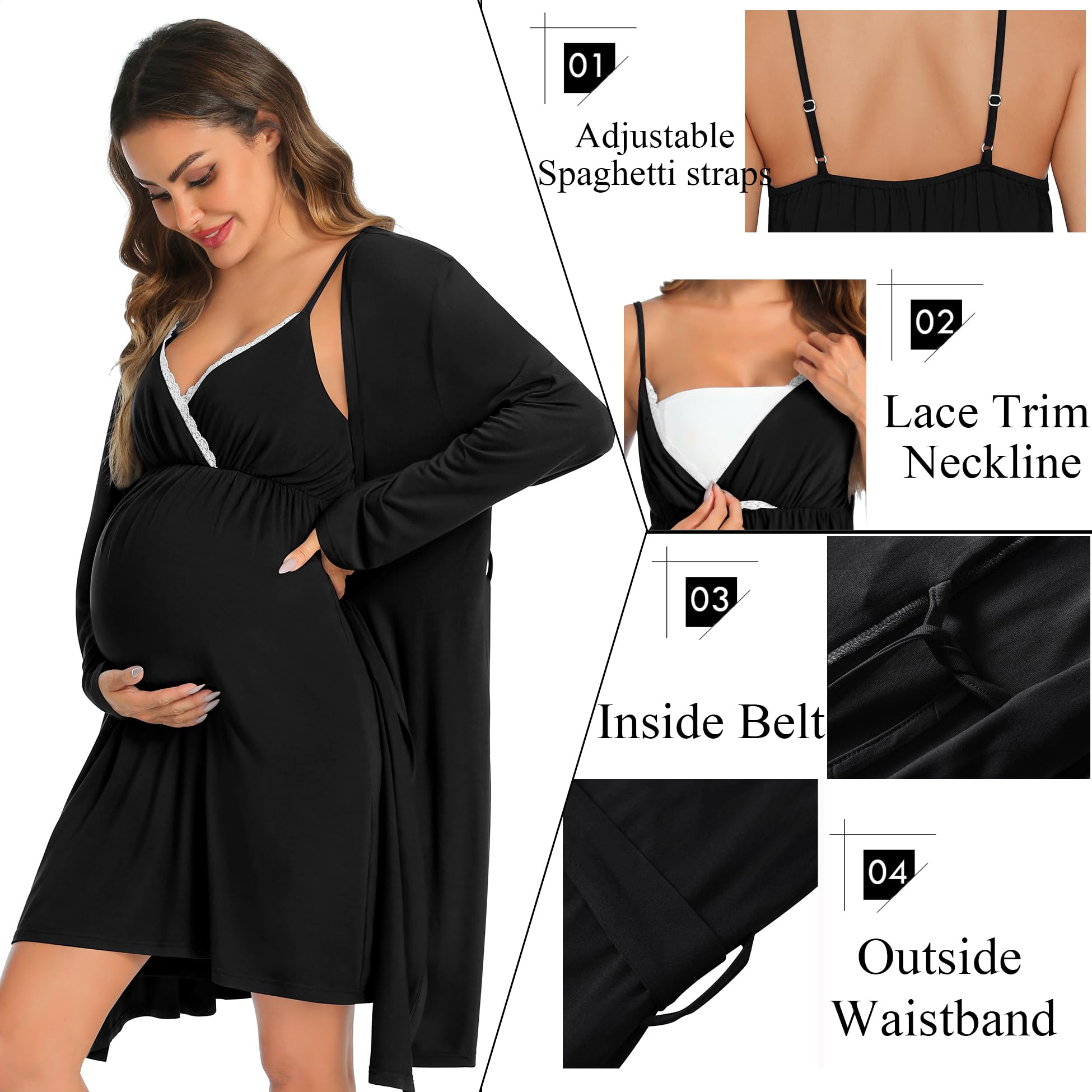 SWOMOG Women's Maternity Robe & Nursing Nightgown - 3 in 1 Breastfeeding Dress with Lace Trim, Labor Delivery Gown & Bathrobe for New Moms - Perfect for Hospital Stay, Nursing at Home and Relaxing