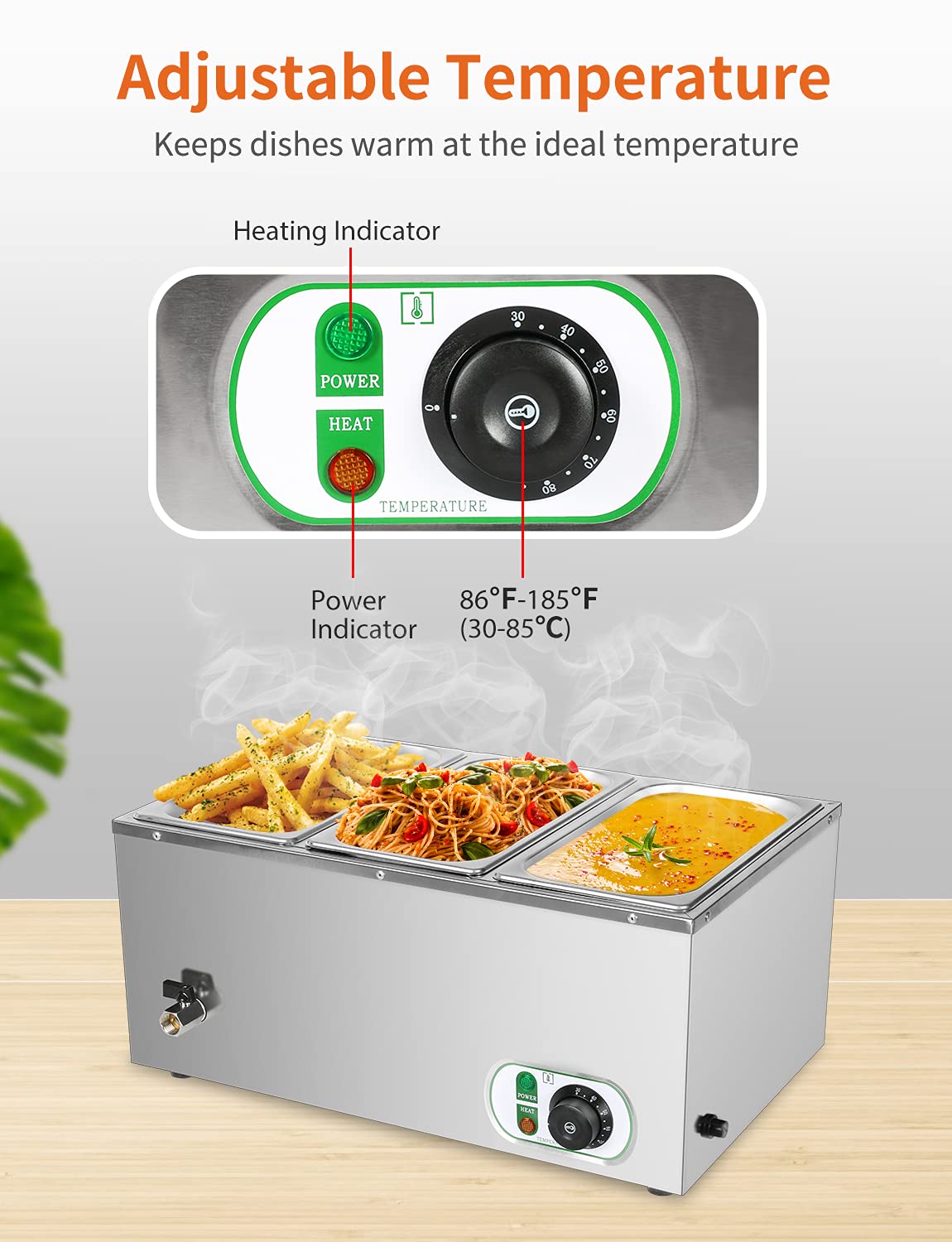 3 Pan Commercial Bain Marie Buffet Food Warmer - 21 Quart Large Capacity, 1500W Electric Steam Table with 6-Inch Deep Stainless Steel Countertop - Perfect for Catering, Restaurants & Party Buffets (Ideal for Keeping Food Warm at Events, Banquets & Food Service Stations)