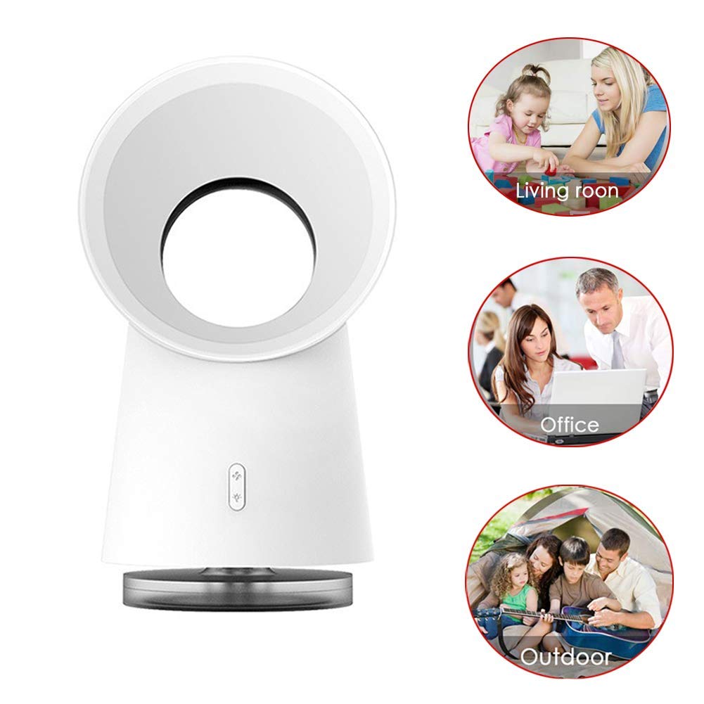 3-in-1 USB Portable Bladeless Desk Fan with LED Light & Humidifier - Quiet Cooling Fan for Home, Office, Baby Room | Gentle Breeze Desktop Air Circulator | Perfect for Workstations, Nightstands and Nursery Spaces (White)