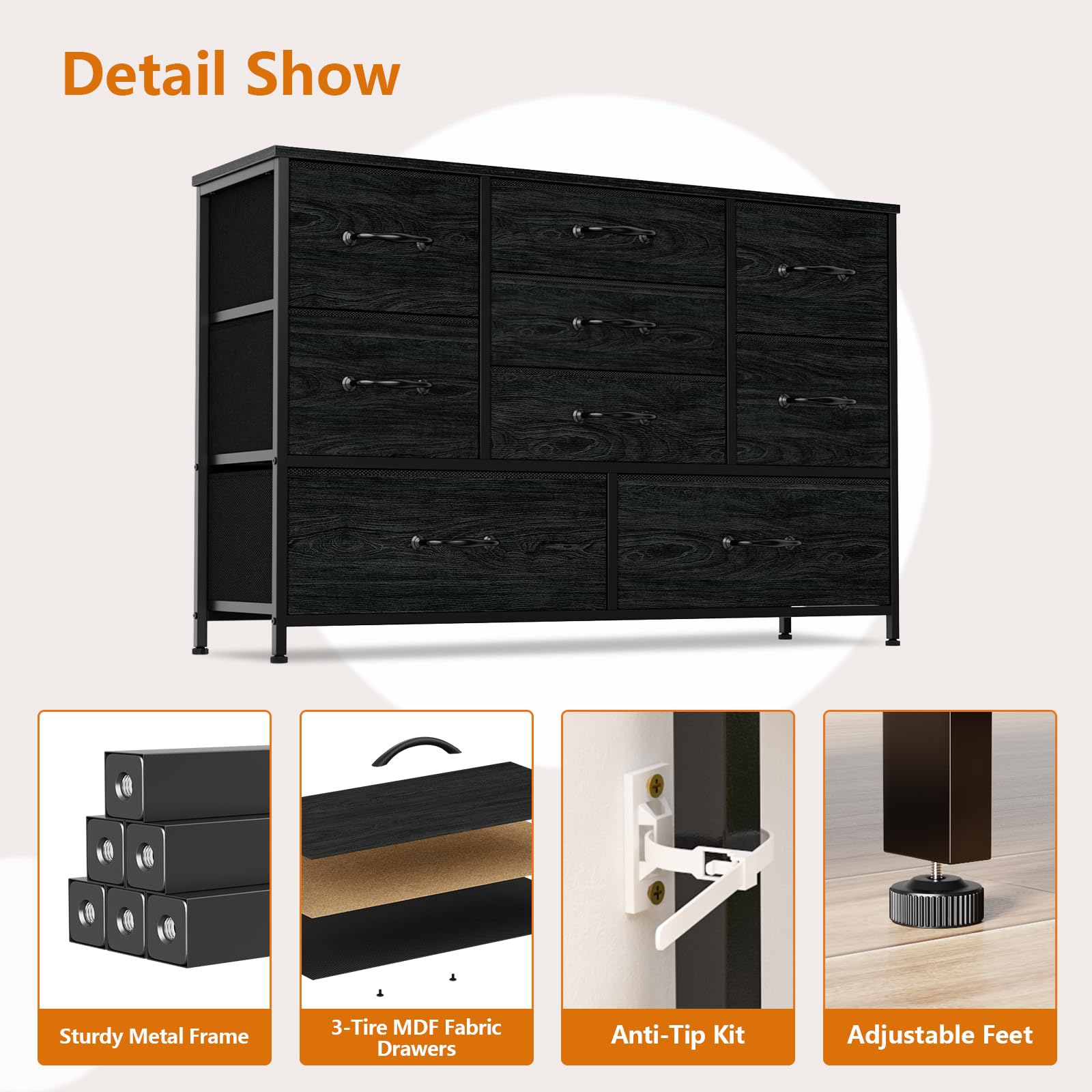 Furnulem 55'' Wide Dresser with 9 Large Drawers - Solid Wood TV Stand Entertainment Center with Sturdy Metal Frame, Black Oak Finish - Perfect for Bedroom Storage, Dorm Room Organization, Closet Space & Entryway Furniture - Ideal for TV Placement, Clothing Storage & Home Decor