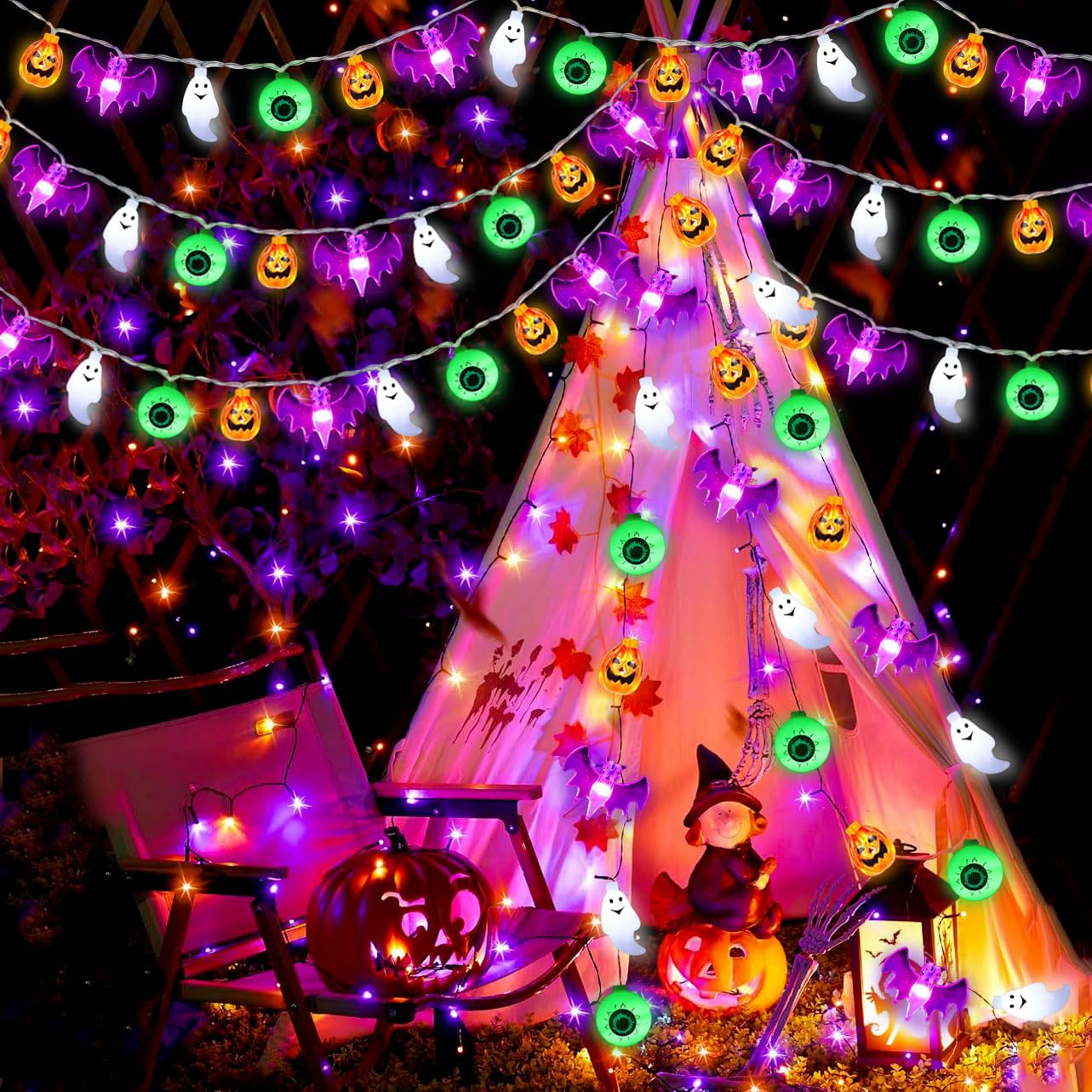 50LED Pumpkin Bat Ghost Eyeball Battery Operated String Lights - Waterproof Fairy Lights for Halloween Party, Home Window, Porch, Gate Decor - Indoor & Outdoor Halloween, Christmas, Garden, Wedding Decorations