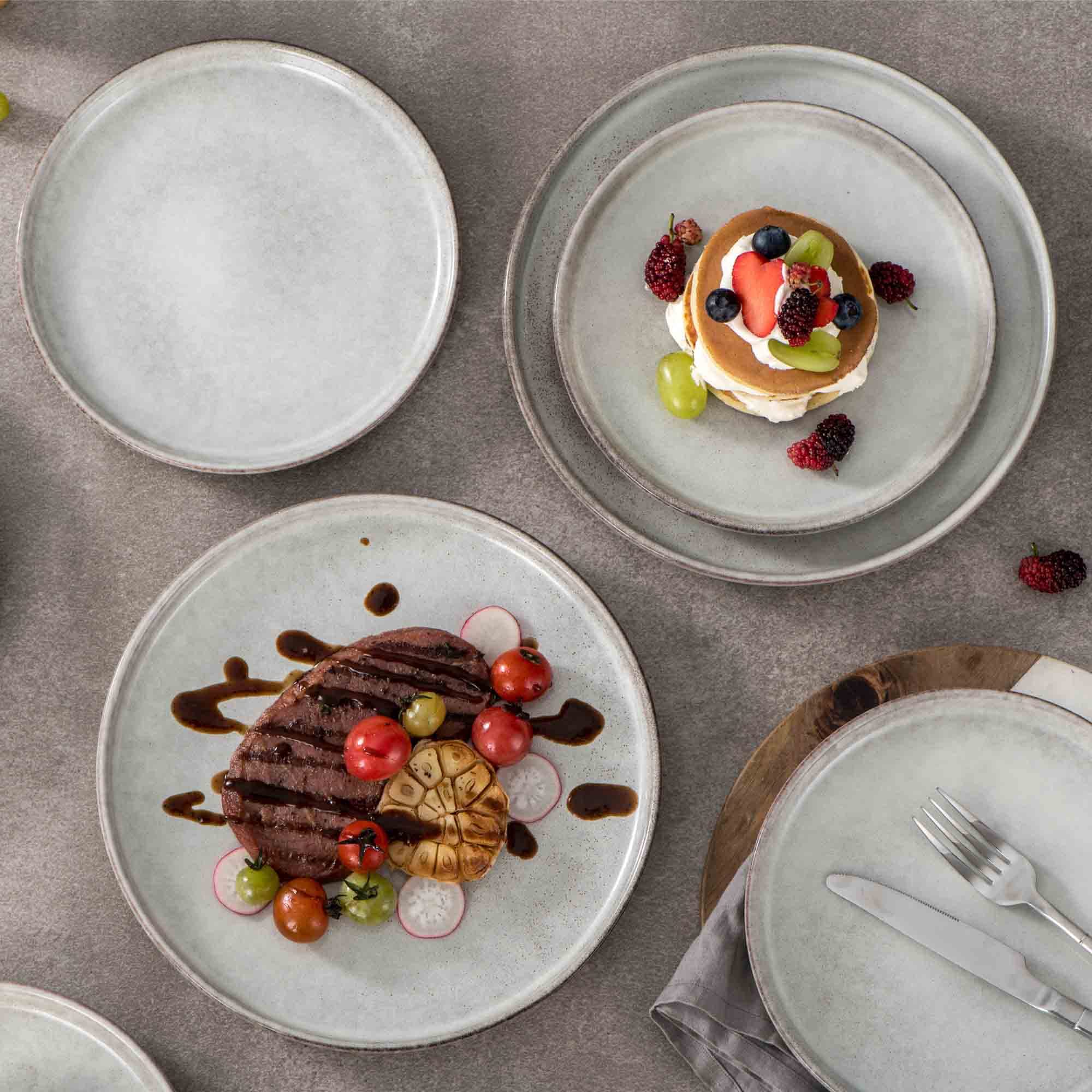 Henten Home 8 Inch Ceramic Dessert Plates Set of 4, Porcelain Salad & Snack Plates with Fluted Edge, Scratch Resistant Stoneware Dishes with Reactive Glaze (Grey) - Perfect for Cake Serving, Kitchen Dining, and Party Entertaining