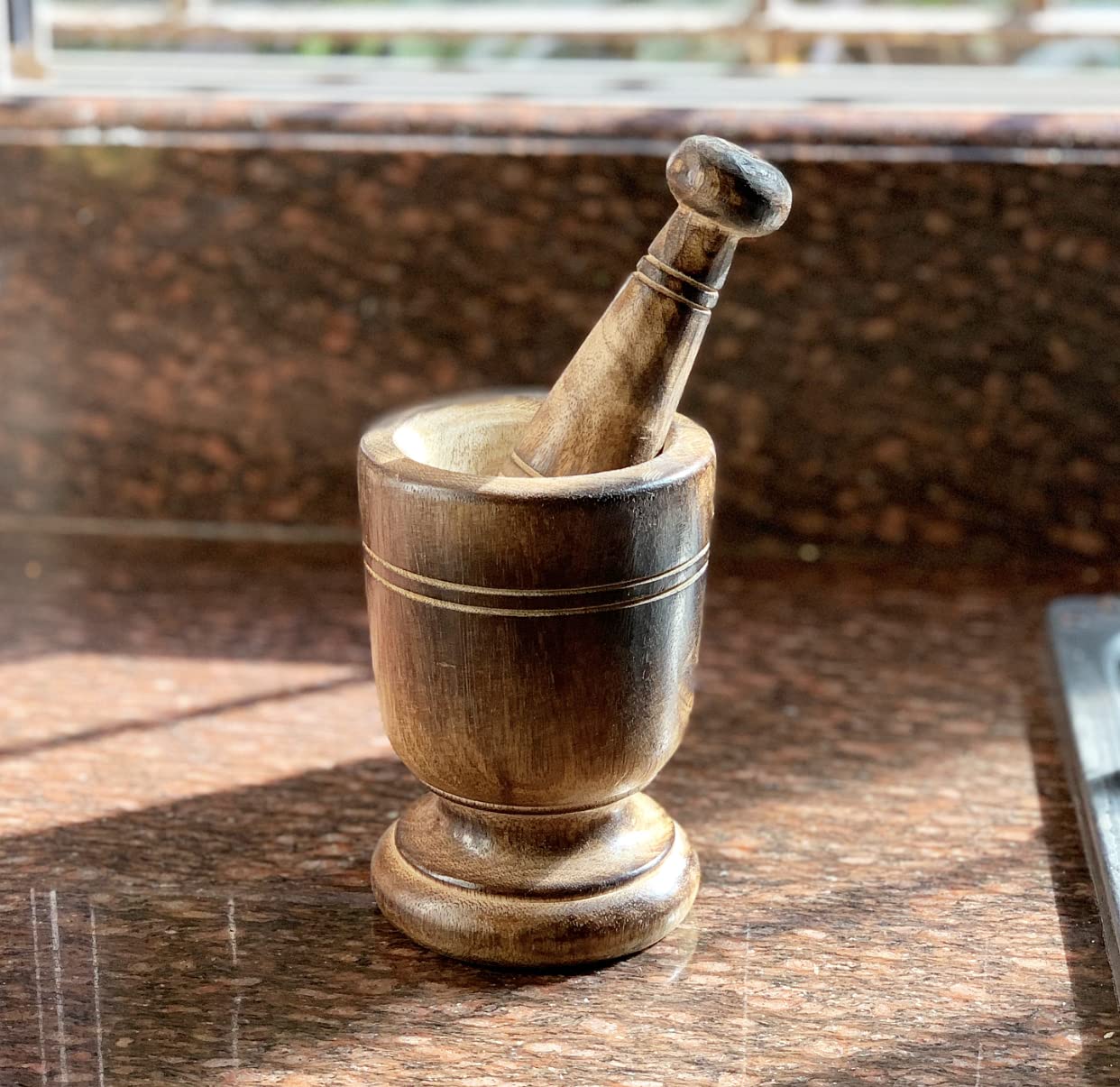 Handmade Wooden Mortar and Pestle Set - Natural Rustic Herb Grinder, Spice Mixer, Masala Crusher - Perfect for Grinding Herbs, Spices, Pills & Seasonings - Ideal Kitchen Utensil for Cooking, Ayurveda & Housewarming Gifts