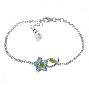 0.87 Carat 14K Solid White Gold Flower Bracelet with Blue Topaz and Peridot - Elegant Jewelry Gift for Women, Perfect for Weddings, Anniversaries and Special Occasions