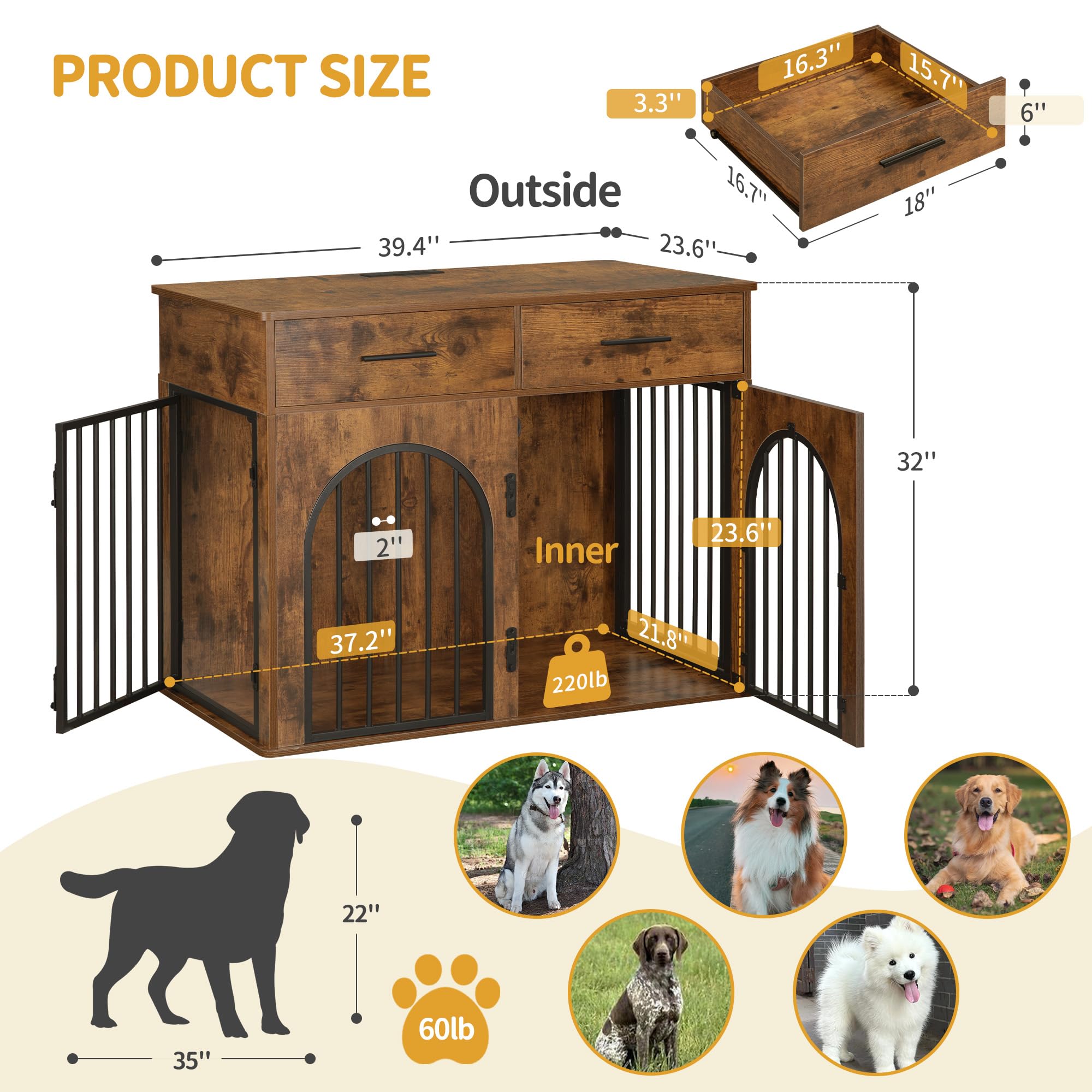 39.4'' Rustic Brown Wooden Dog Crate Furniture with 2 Drawers & Charging Station - Indoor Kennel for Medium/Large Dogs, Multi-Functional Side End Table - Perfect for Living Room, Bedroom or Office Pet Space