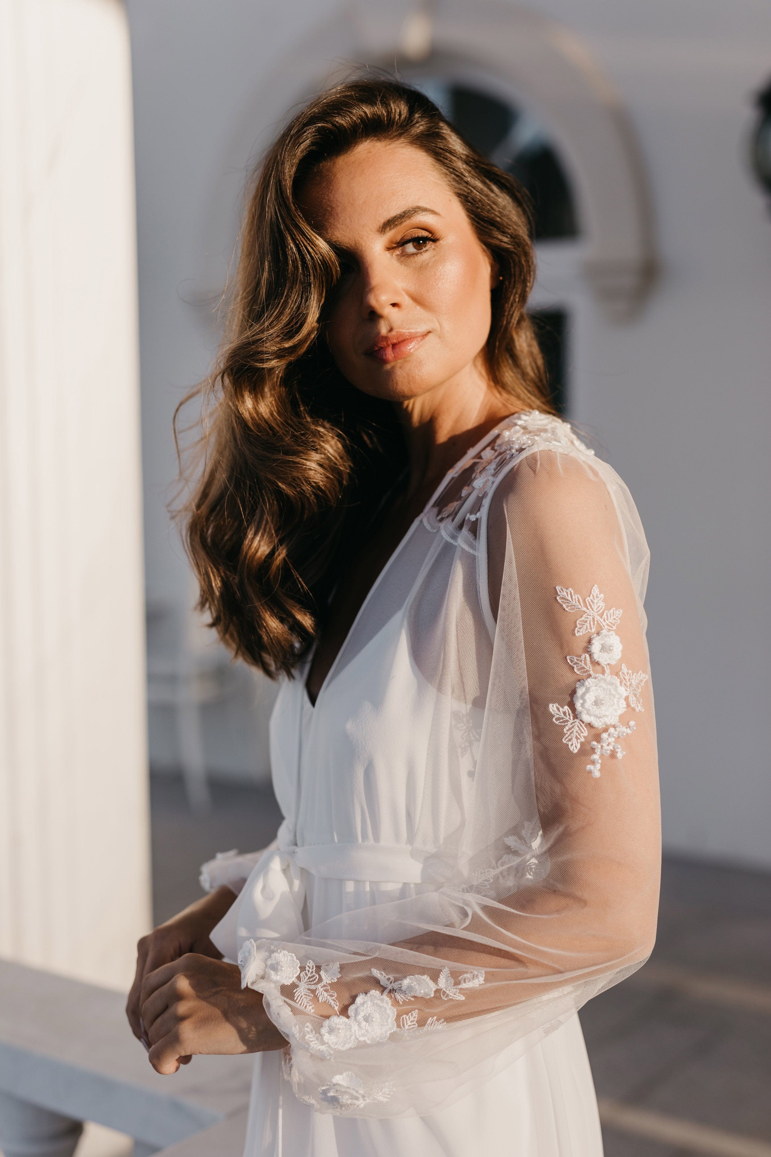 Amara Beaded Floral Lace Maxi Bridal Robe with Train & Slip - Elegant Wedding Gown for Bride, Bridesmaids & Photoshoots | Perfect for Ceremony, Reception & Honeymoon