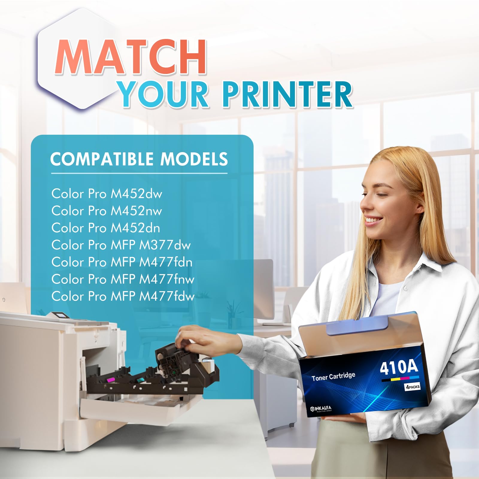 HP 410A Toner 4-Pack - Compatible Replacement for CF410A CF411A CF412A CF413A - Black, Cyan, Yellow, Magenta - Works with HP Color LaserJet Pro MFP M477fnw M477fdw M477fdn M452dn M452nw M477 M377 M452 Series - Perfect for Office Printing & High-Volume Documents