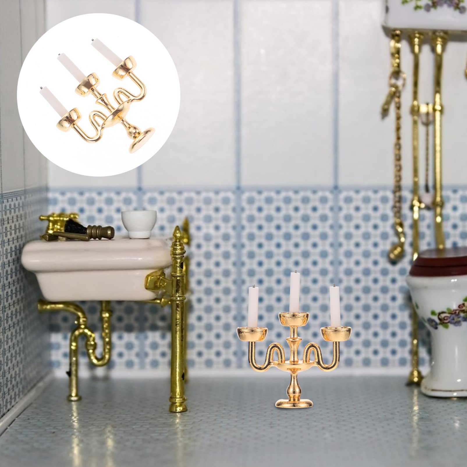 1/12 Scale Mini Dollhouse Candles - Golden Three-Head Candle Stick Model for Dollhouse Decor Accessories | Perfect for Miniature Room Displays, DIY Dollhouse Projects & Collectible Scenes