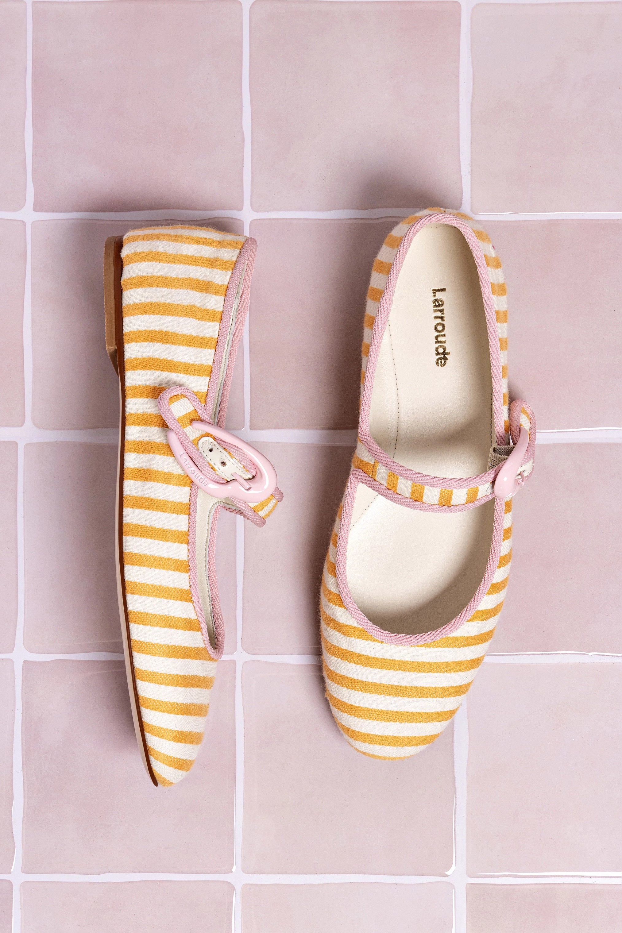 Verona Ballet Flats in Marigold & Natural Striped Fabric with Tulip Trimming - Comfortable Women's Shoes for Work, Casual Wear & Special Occasions