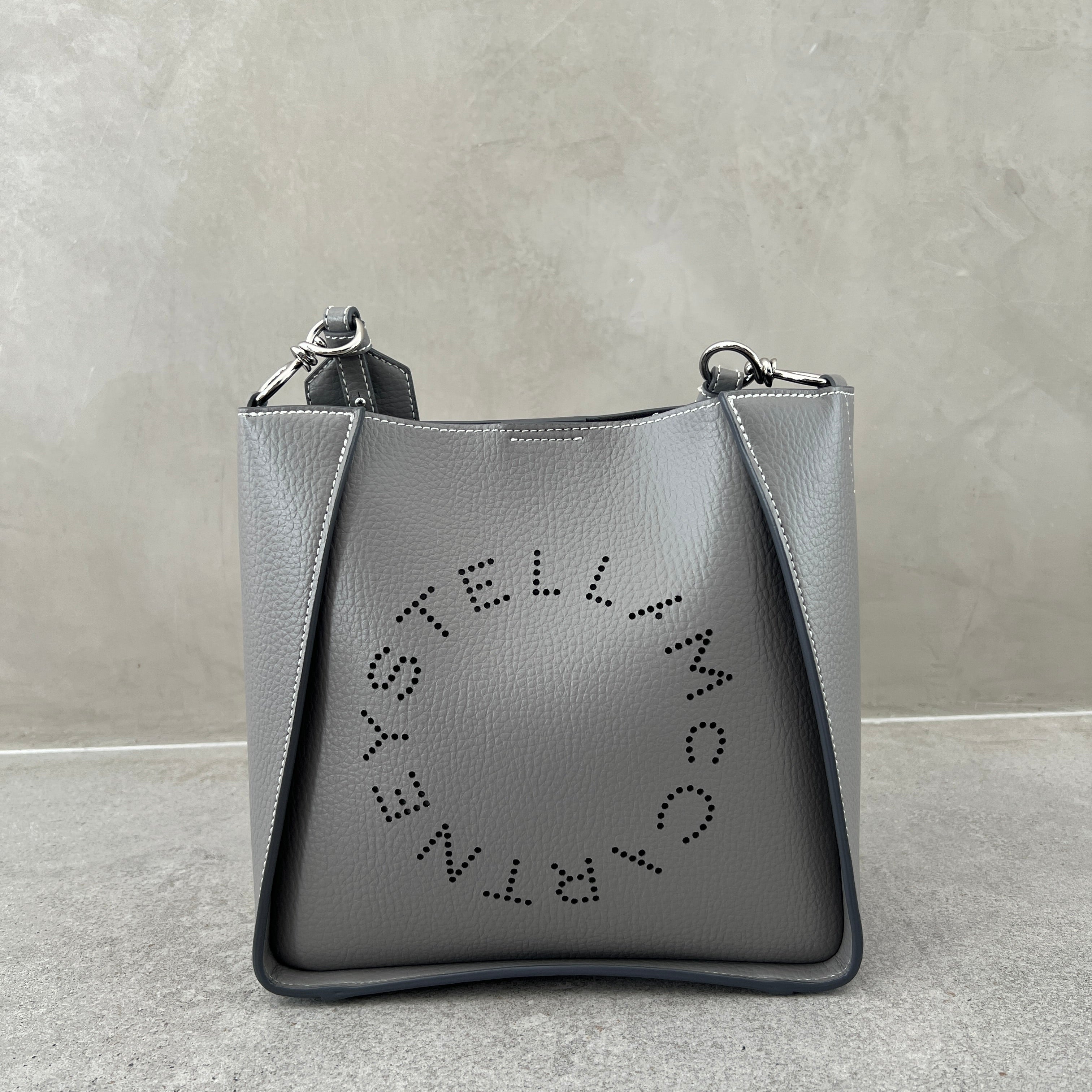 Stella Logo Mini Crossbody Hobo Bag - Grain Perforated Leather in Smoke Color | Perfect for Everyday Use, Travel & Casual Outings