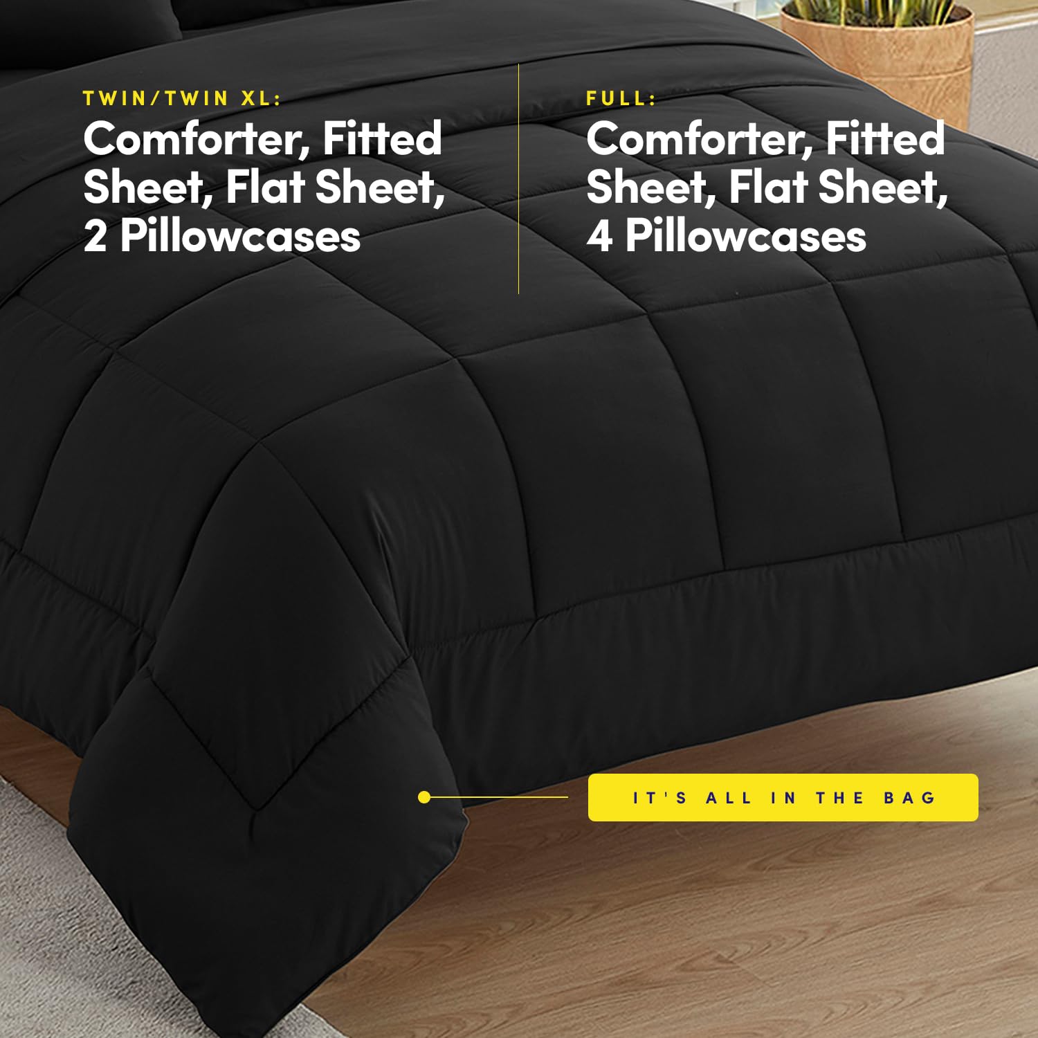 7-Piece Full Size College Bedding Comforter Set - Dorm Room Essentials for Boys & Girls | Black Bed in a Bag | Perfect for University Dorms, Student Housing & Teen Bedrooms