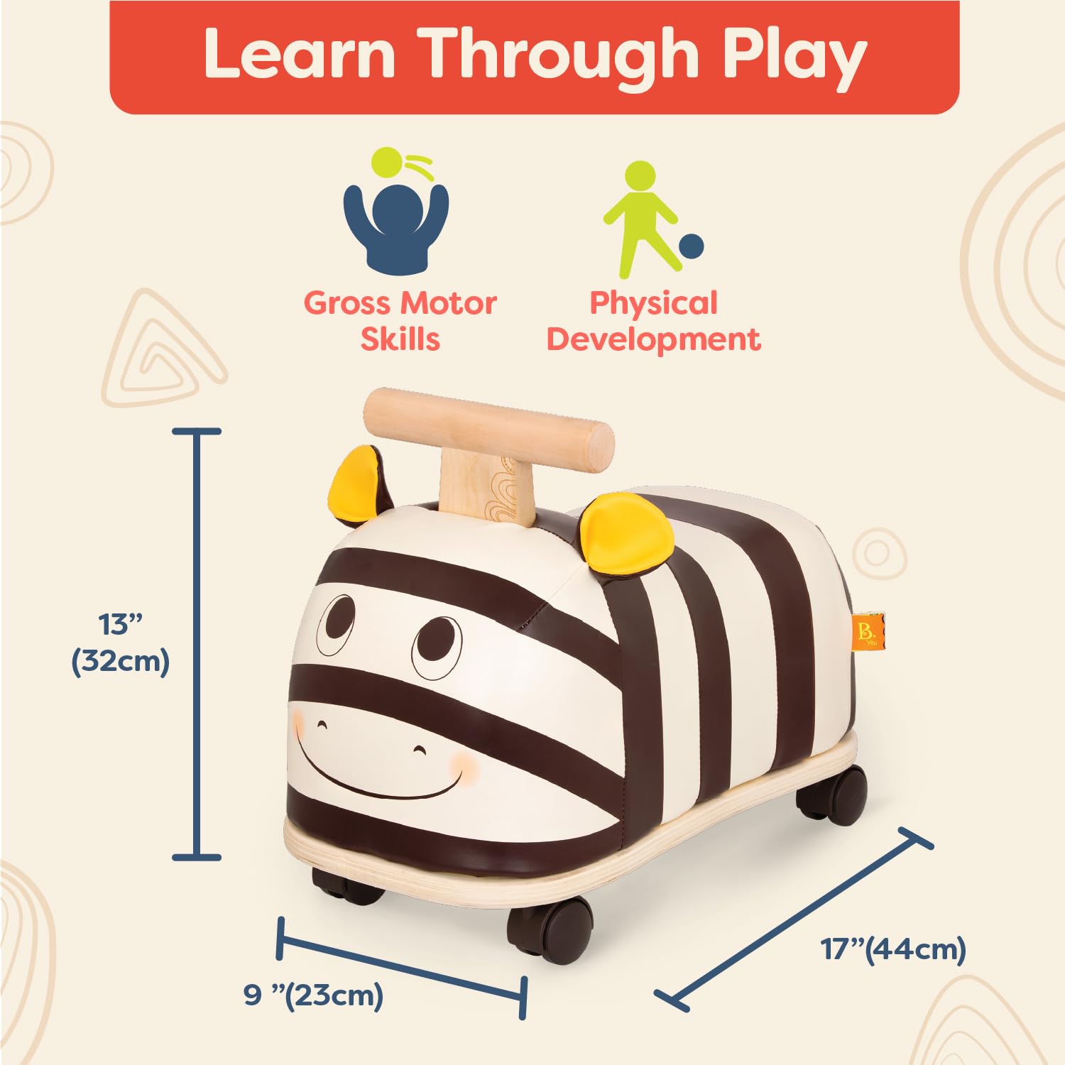 B. Toys Zippity Zebra Wooden Ride-On Toy for Toddlers 18+ Months - Soft Seat, Sturdy Design - Perfect for Indoor Play & Outdoor Adventures