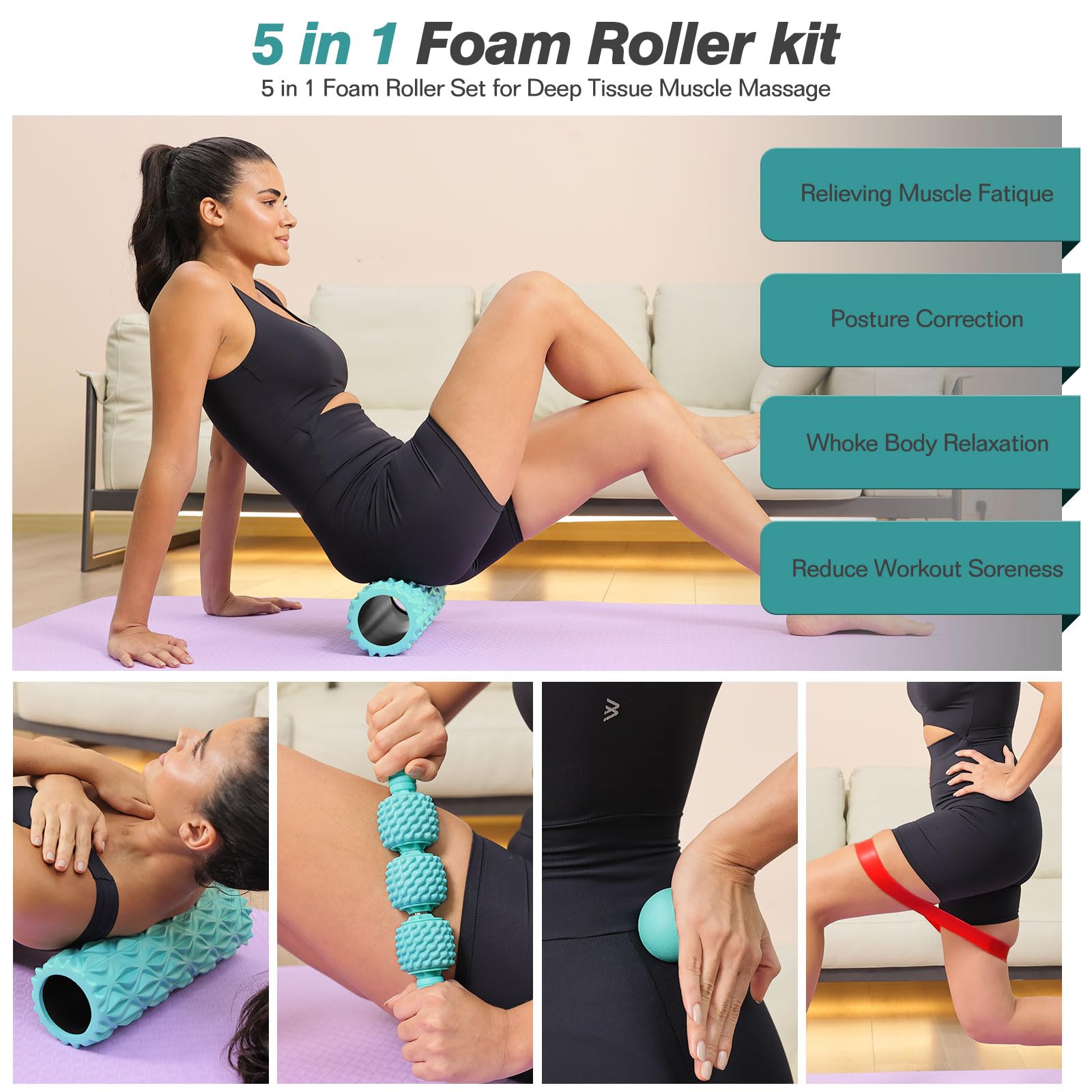 5 in 1 Foam Roller Set - Trigger Point Foam Back Roller, Muscle Roller Stick, Massage Ball & Stretching Band for Deep Tissue Massage, Pilates, Yoga & Fitness | Relieve Muscle Pain, Improve Flexibility & Recovery for Athletes, Gym & Home Workouts