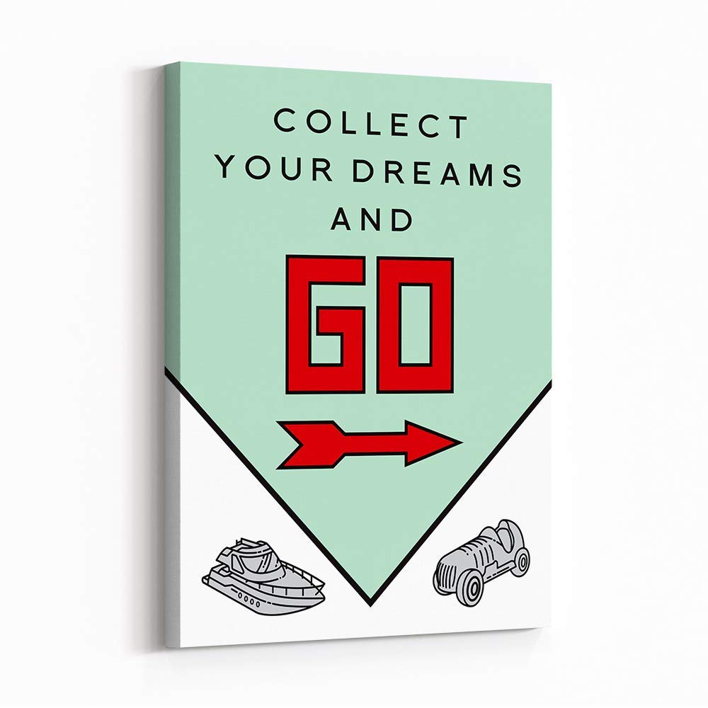 Inktuitive 'Collect And Go' Motivational Canvas Wall Art - Monopoly Pennybags Framed Print 40x30 - Inspirational Home Decor for Living Room, Office & Game Room