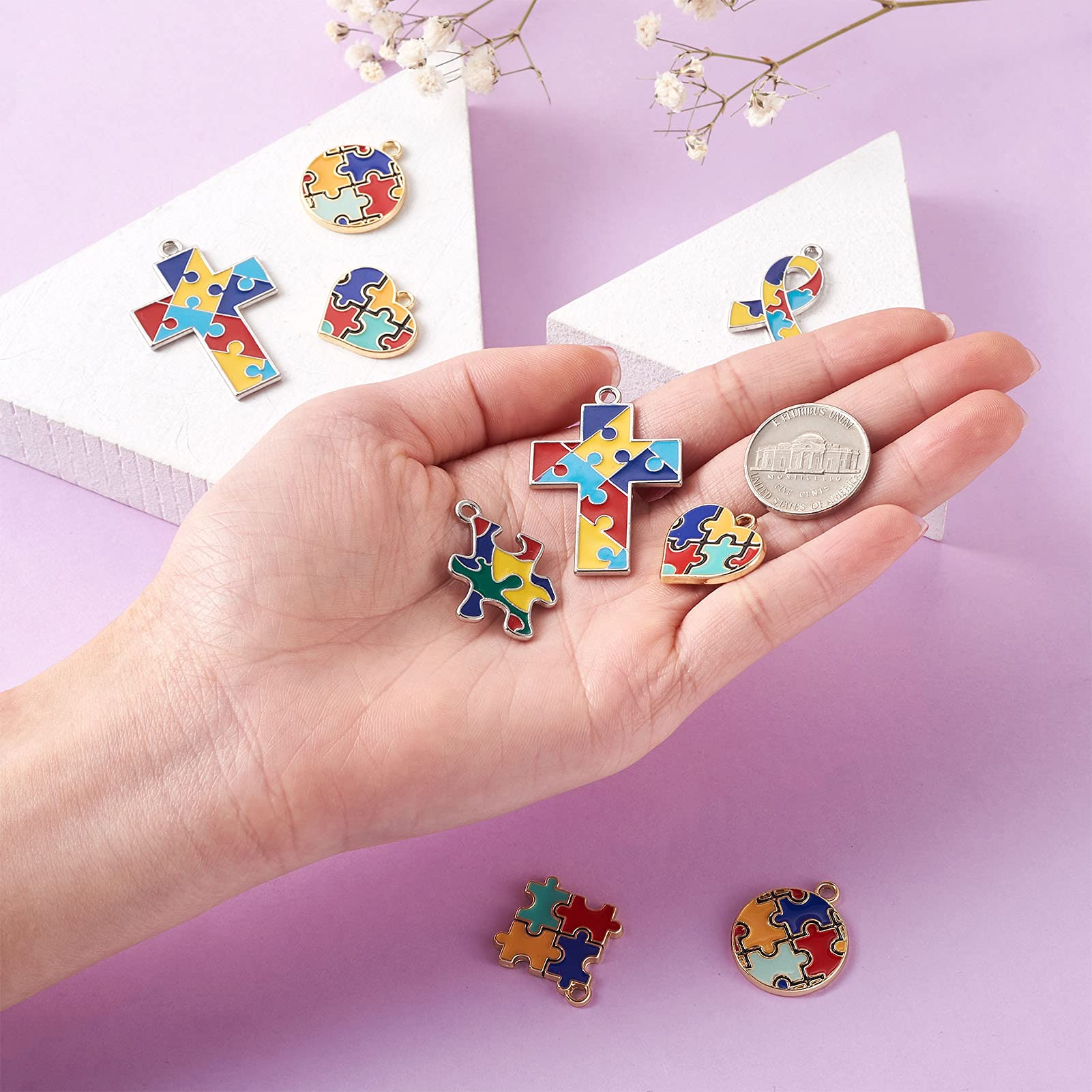 Cheriswelry Puzzle Alloy Enamel Pendants - 19-31mm Flat Round Jigsaw Charms for DIY Jewelry Making, Bracelets, Necklaces & Key Rings - Perfect for Crafts, Gifts and Fashion Accessories