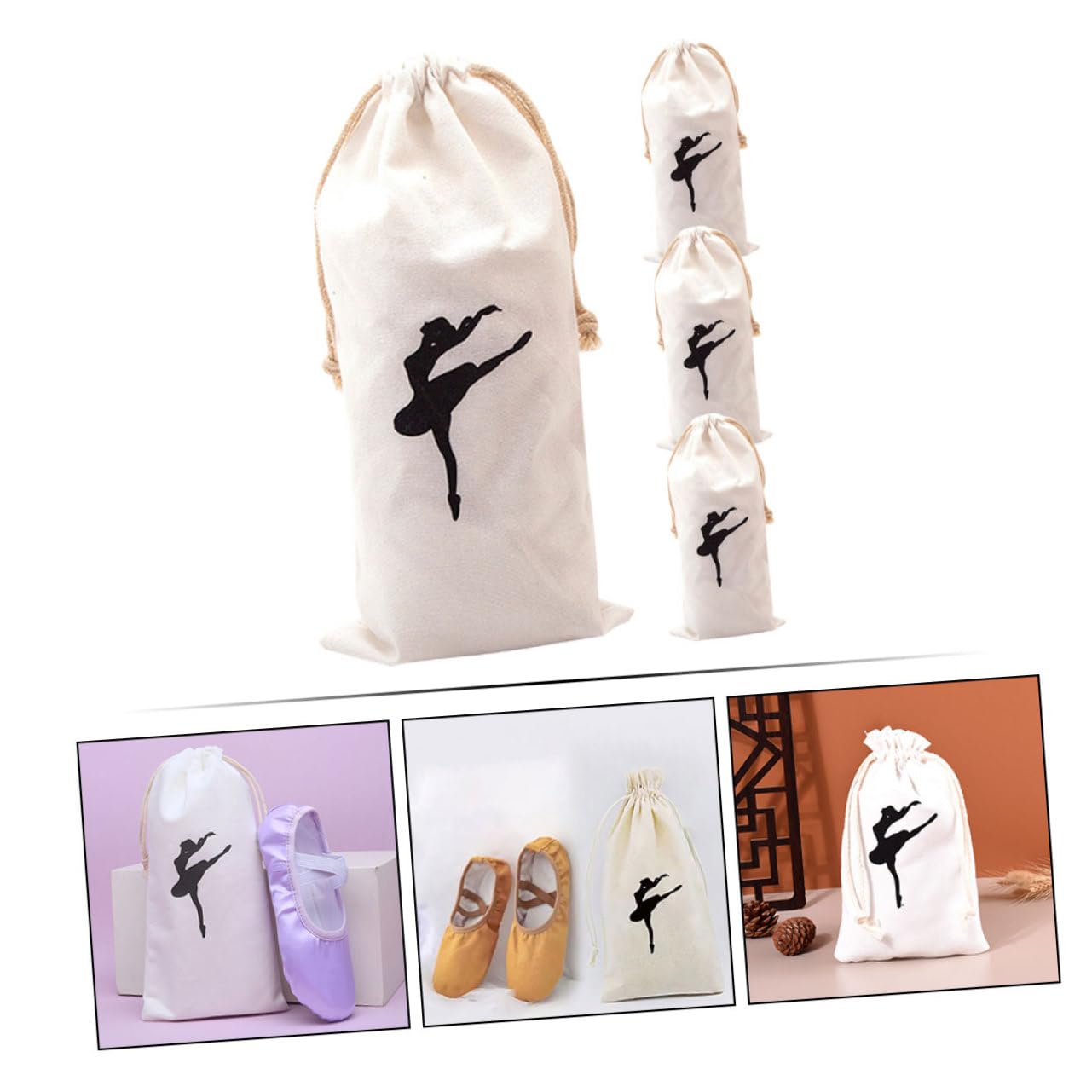 KITANDOVE 4-Piece Canvas Ballet Shoes Bag Set - Drawstring Dance Bags for Girls, Ballet Shoe Storage Pouch, Dance Accessories - Perfect for Ballet Class, Dance Practice & Shoe Organization
