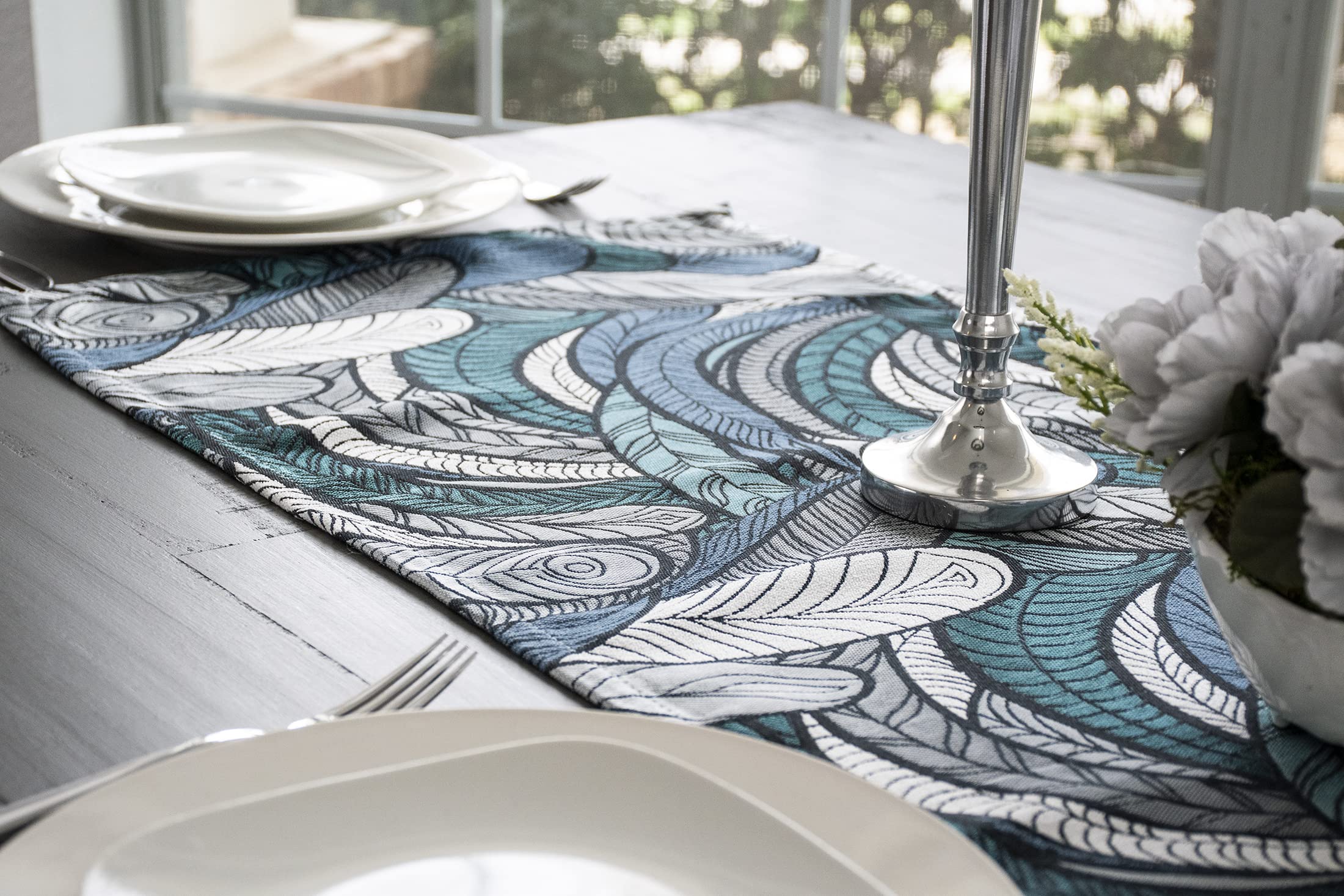 Elegant Chenille Gray and Teal Blue Feather Table Runner - 16.5x53.5 Inch Dresser Scarf, Coffee Table Decor for Dining Room, Bedroom & Holiday Parties
