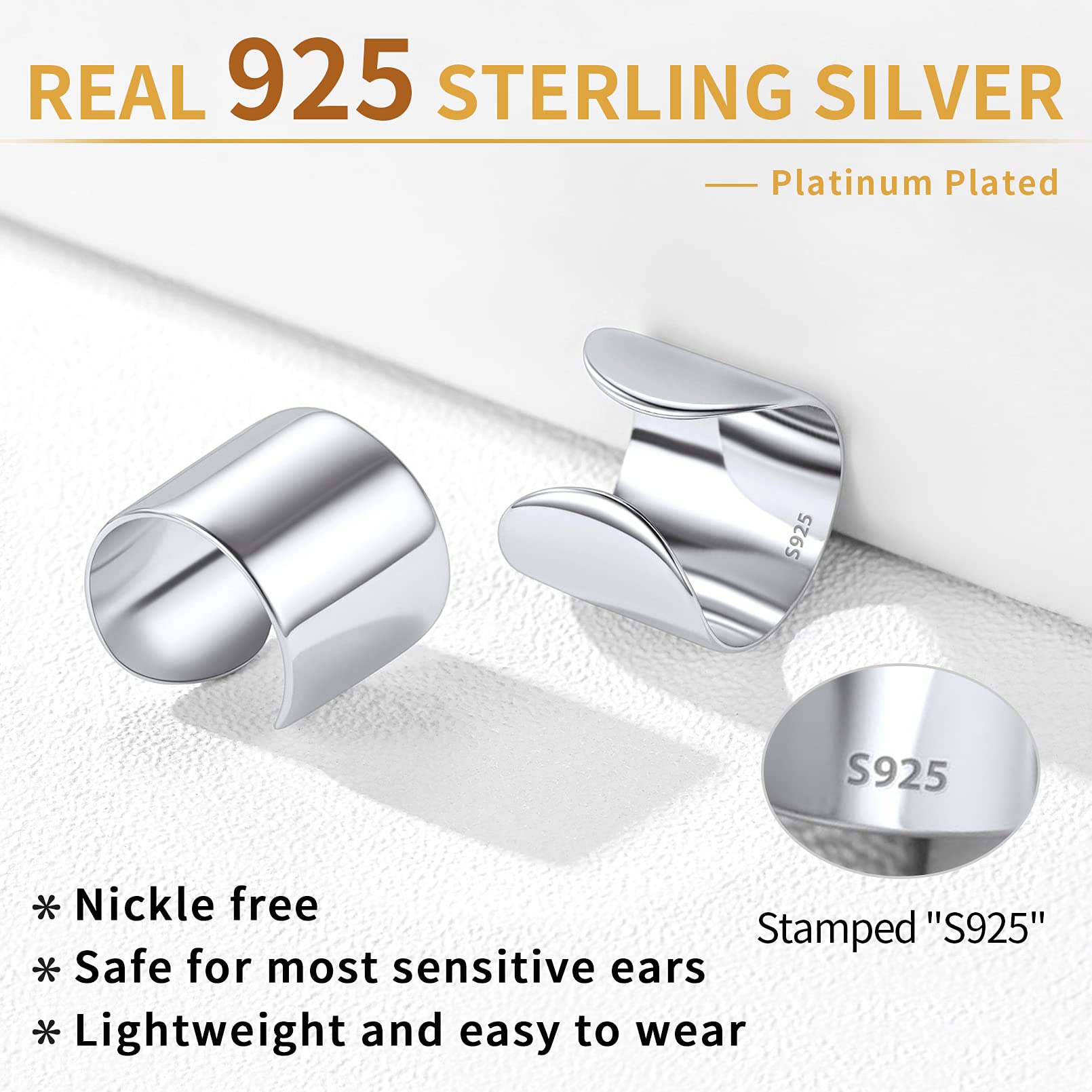 ChicSilver 925 Sterling Silver Non-Piercing Clip-On Cartilage Ear Cuff Earrings for Women - Elegant Helix Ear Jewelry with Gift Box - Perfect for Parties, Weddings & Everyday Wear