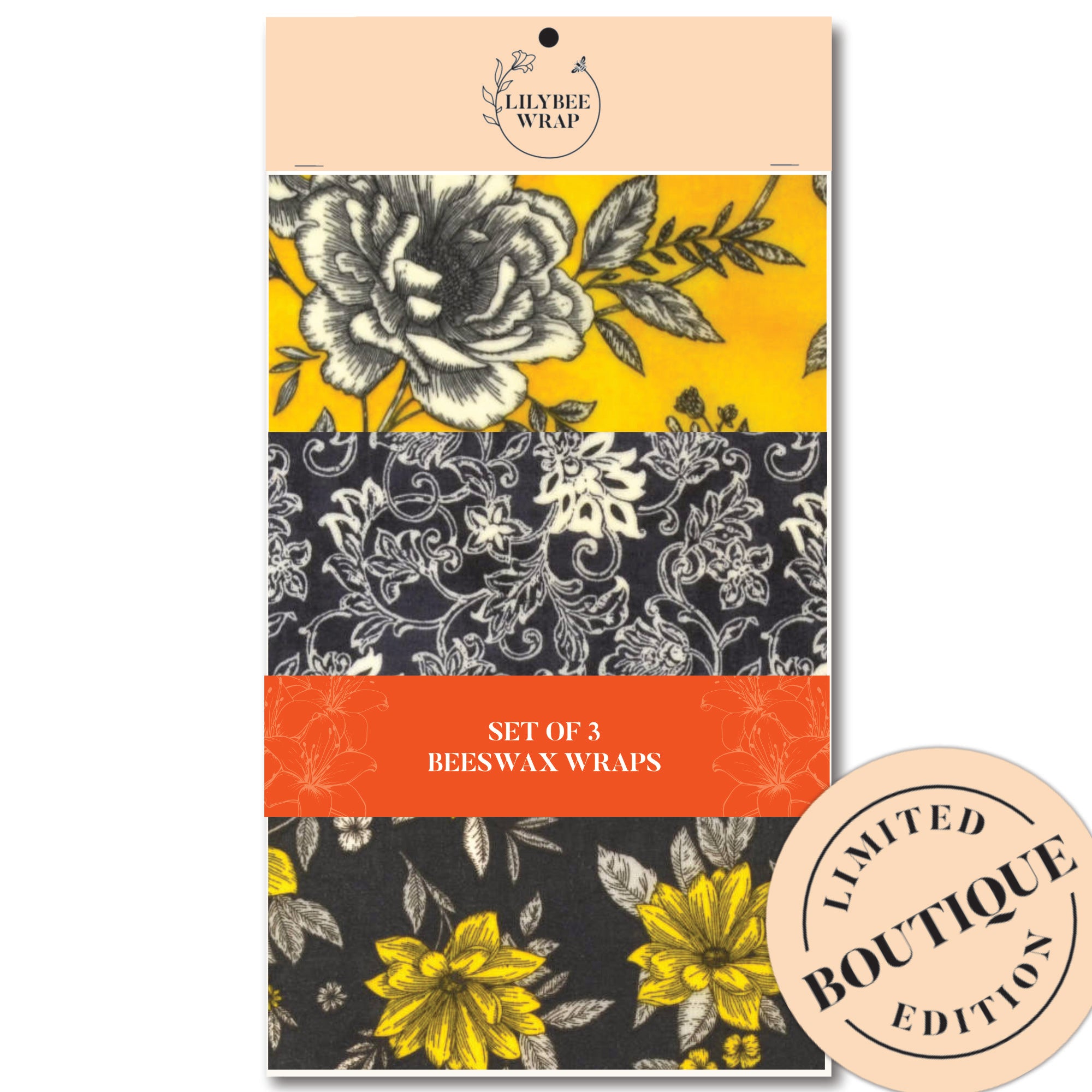Eco-Friendly Reusable Beeswax Food Wraps - Set of 3 Black & Gold Sustainable Food Storage Covers for Sandwiches, Fruits & Leftovers