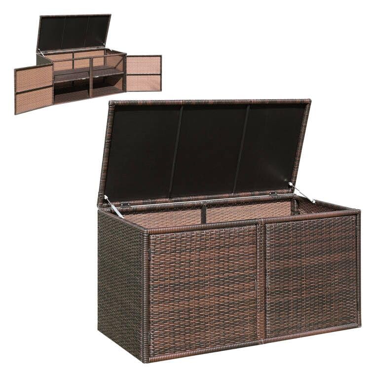 Giantex 88 Gallon Rattan Deck Storage Box with Separate Shelf & Openable Door - Durable Steel Frame Wicker Organizer for Toys, Tools, Yard, Garden, Balcony, Porch & Patio - Perfect Outdoor Storage Solution (Brown)