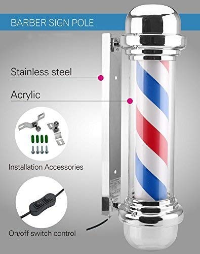 LED Rotating Barber Pole Light - 90CM Red, White & Blue Striped Salon Sign for Barber Shops | Flat Top Illuminated Shop Equipment for Hair Salons & Grooming Studios