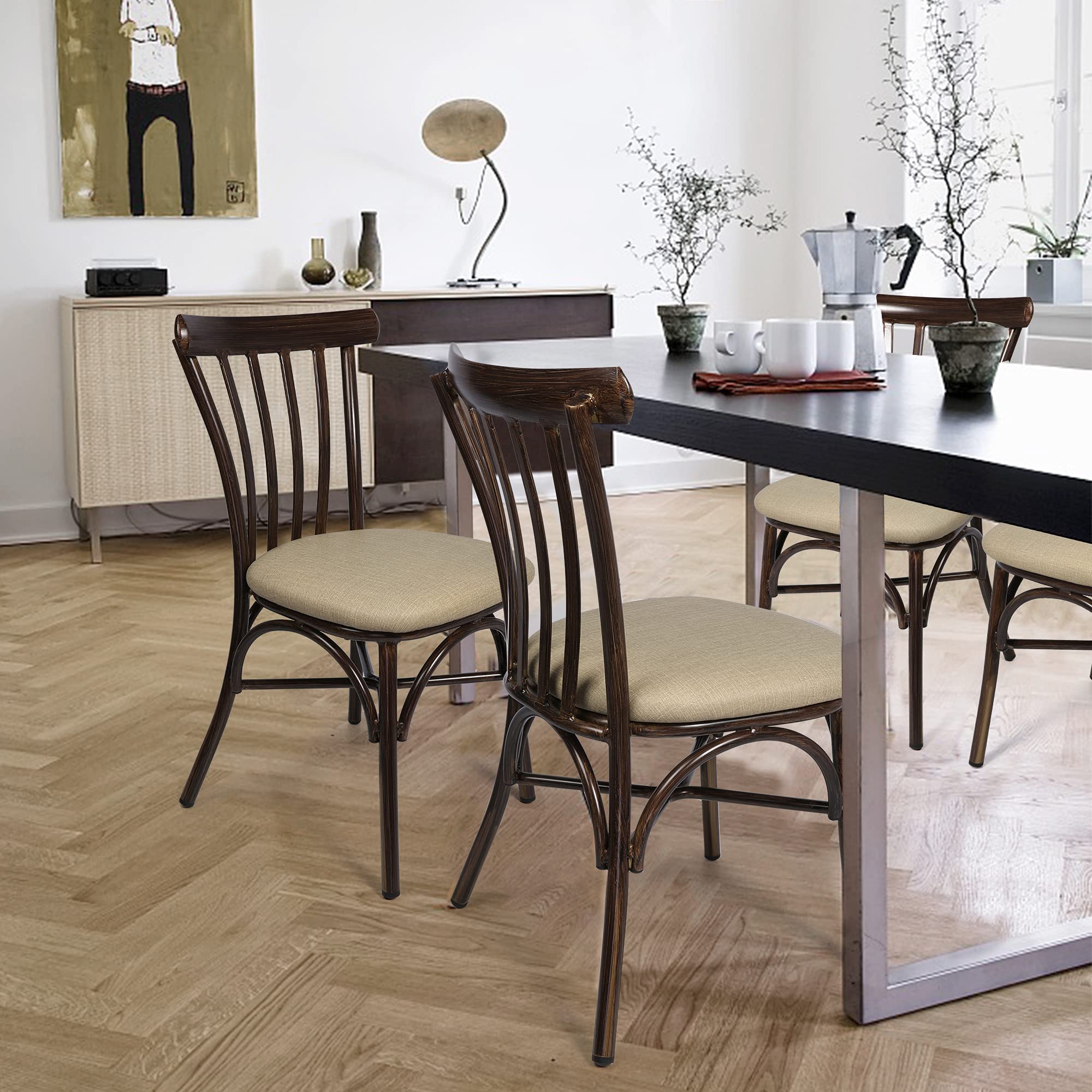 LUCKYERMORE 2-Piece Upholstered Dining Chair Set - Modern PU Leather Kitchen Chairs with Curved Back & Sturdy Aluminum Frame - Comfortable Armless Design for Indoor/Outdoor Use - Sand Beige Cushion - Perfect for Dining Rooms, Kitchens, Patios, and Restaurants