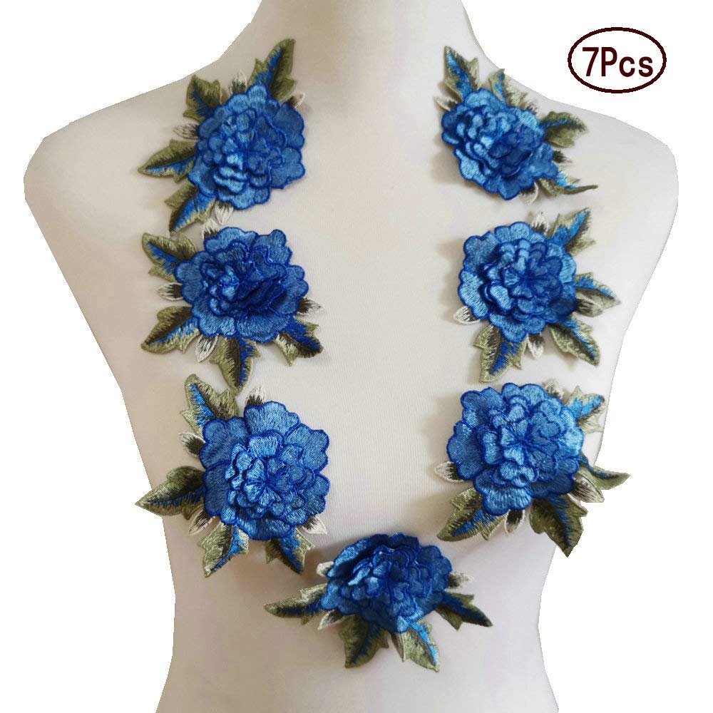 7 Pcs Handmade Applique Embroidered Iron Leaf Flowers - 7 Lakes Blue & Blue B - DIY Craft Decor for Home, Wedding, Scrapbooking & Gift Wrapping