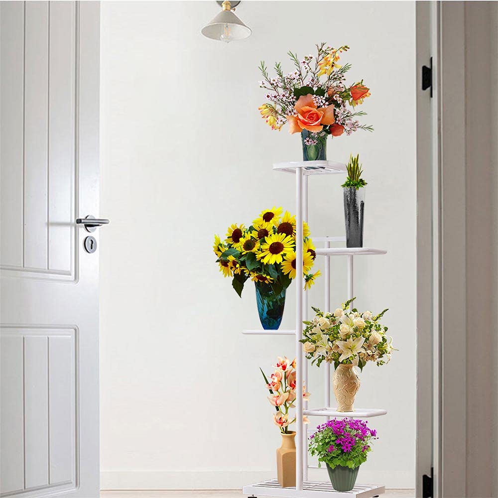 5 Tier Metal Plant Stand for Indoor & Outdoor Use - Sturdy Flower Pot Display Shelf for Plants, Herbs & Succulents - Perfect for Balcony, Garden, Patio & Home Decor (White)
