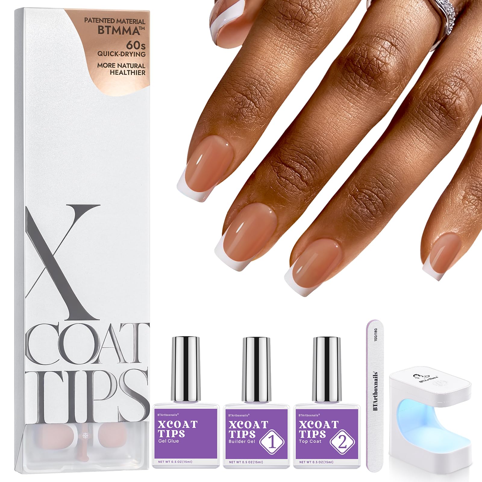 BTArtbox Nails XCOATTIPS Short Square Brown French Tip Nail Kit - Professional Gel Nail Extension Set with Nail Gel, Protecting Duo & UV Lamp for Salon-Quality Manicures at Home | Perfect for DIY Nail Art, Special Occasions & Gift Giving