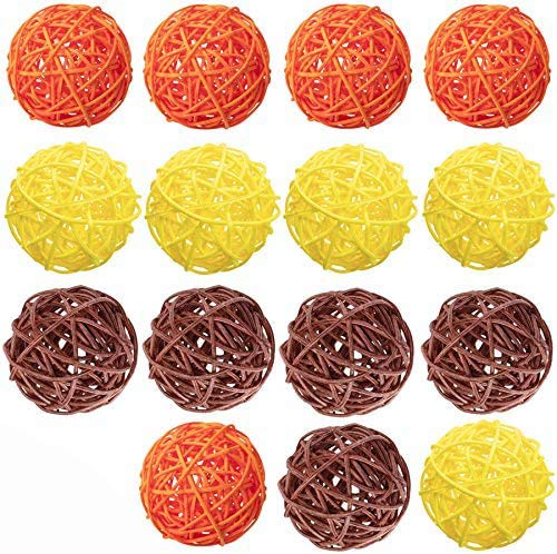 15 Pcs Mixed 3 Colors Yellow Orange Brown Rattan Wicker Balls - 2 Inch Vase Fillers for Fall Decor, Autumn Centerpieces, Thanksgiving & Christmas Party Decorations - Perfect for Wedding, Home, Table and Seasonal Decoration