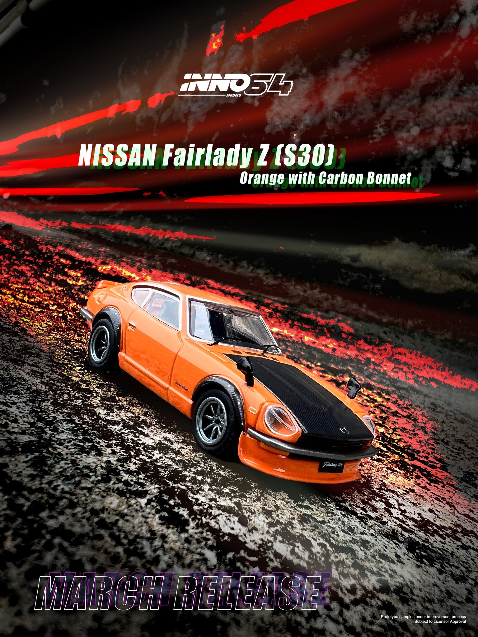 INNO64 1:64 Scale Nissan Fairlady Z (S30) Diecast Model Car - Orange with Carbon Fiber Hood - Collectible Miniature for Display, Gifts, and Racing Enthusiasts