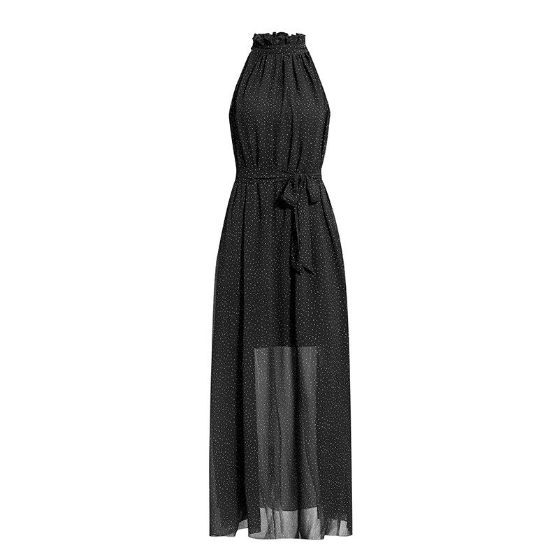 Boho Elegant A-Line Lotus Leaf Print Sleeveless Long Dress with Stand Collar - Perfect for Summer Beach Vacations, Boho Chic Outfits, and Casual Elegant Occasions
